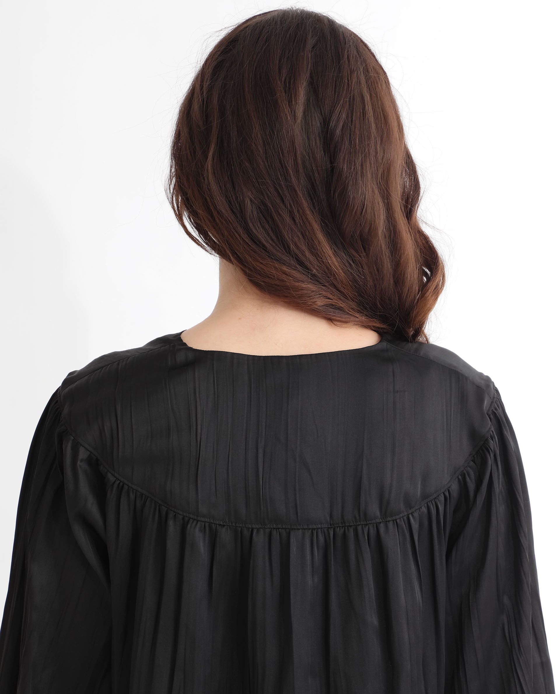 Rareism Women's Agathe Black Polyester Tie-Up Neck Plain Balloon Sleeve Relaxed Fit Top