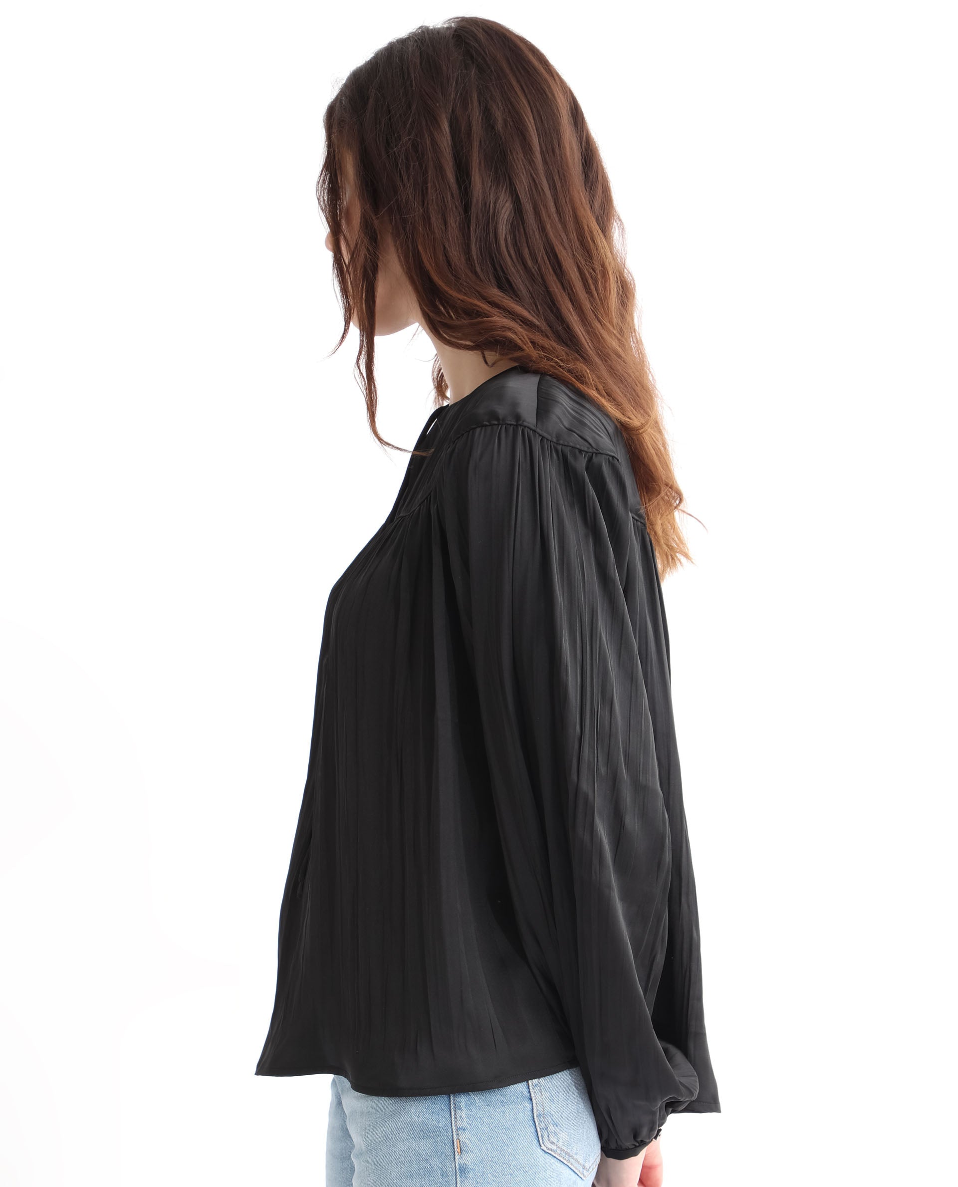 Rareism Women's Agathe Black Polyester Tie-Up Neck Plain Balloon Sleeve Relaxed Fit Top
