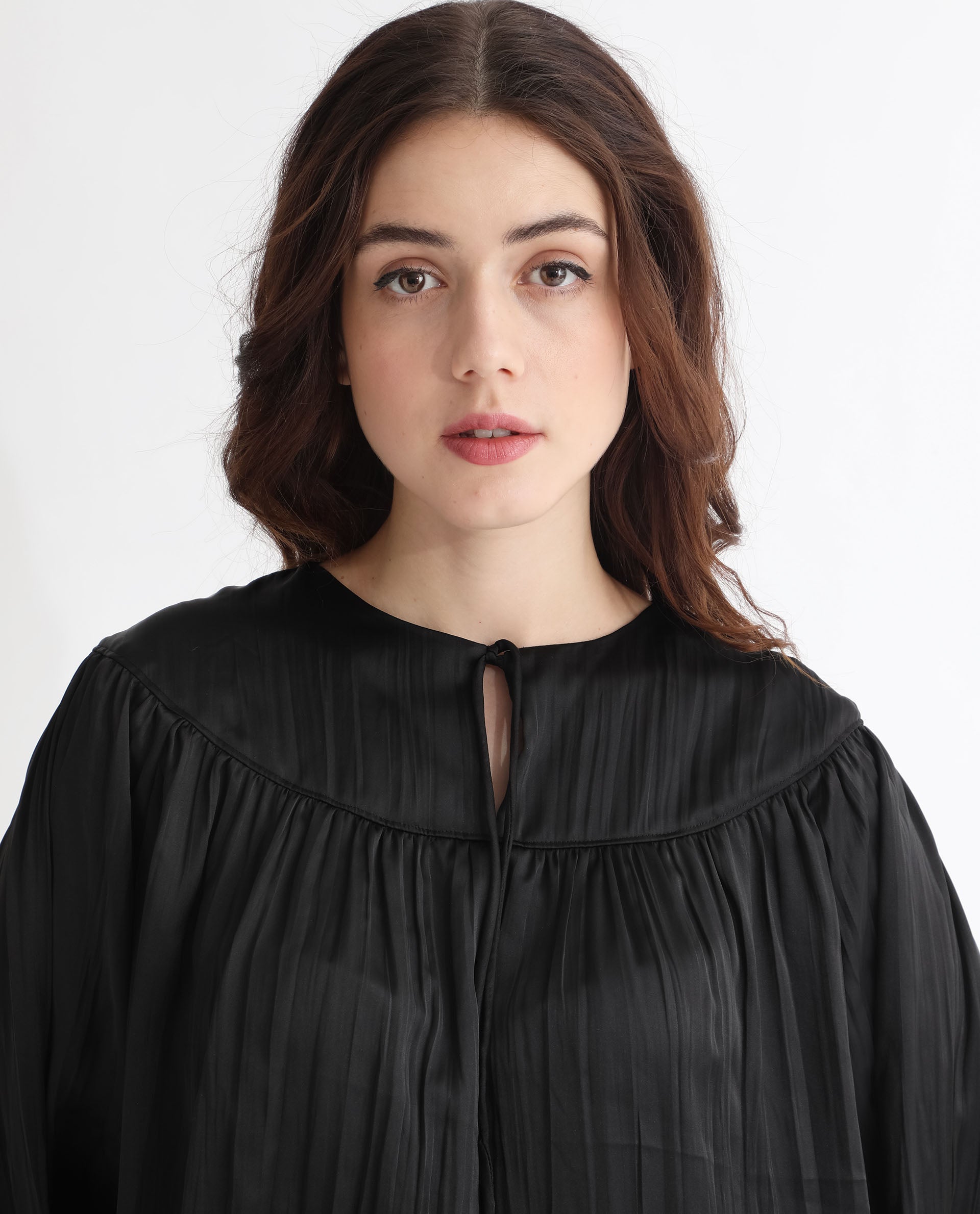 Rareism Women's Agathe Black Polyester Tie-Up Neck Plain Balloon Sleeve Relaxed Fit Top