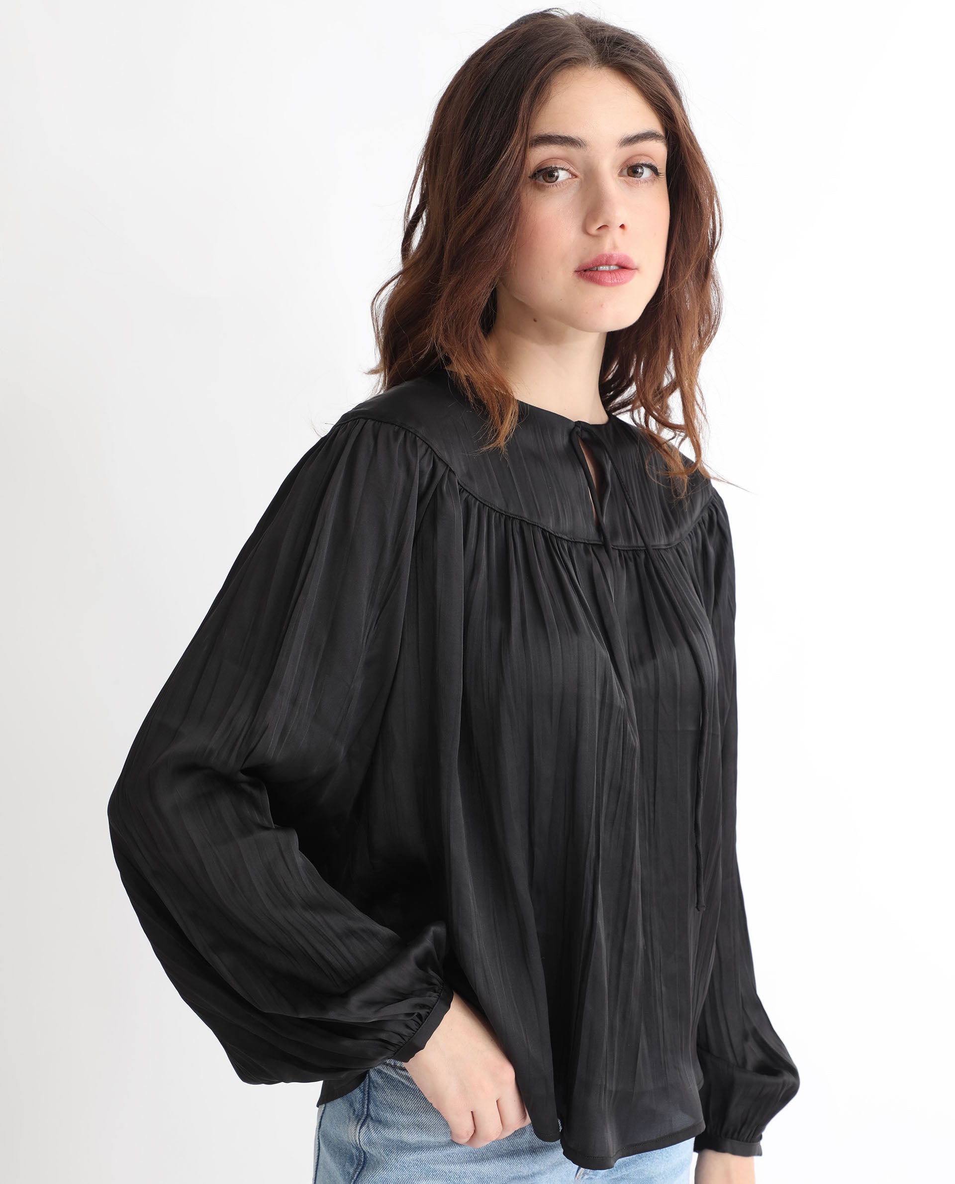 Rareism Women's Agathe Black Polyester Tie-Up Neck Plain Balloon Sleeve Relaxed Fit Top
