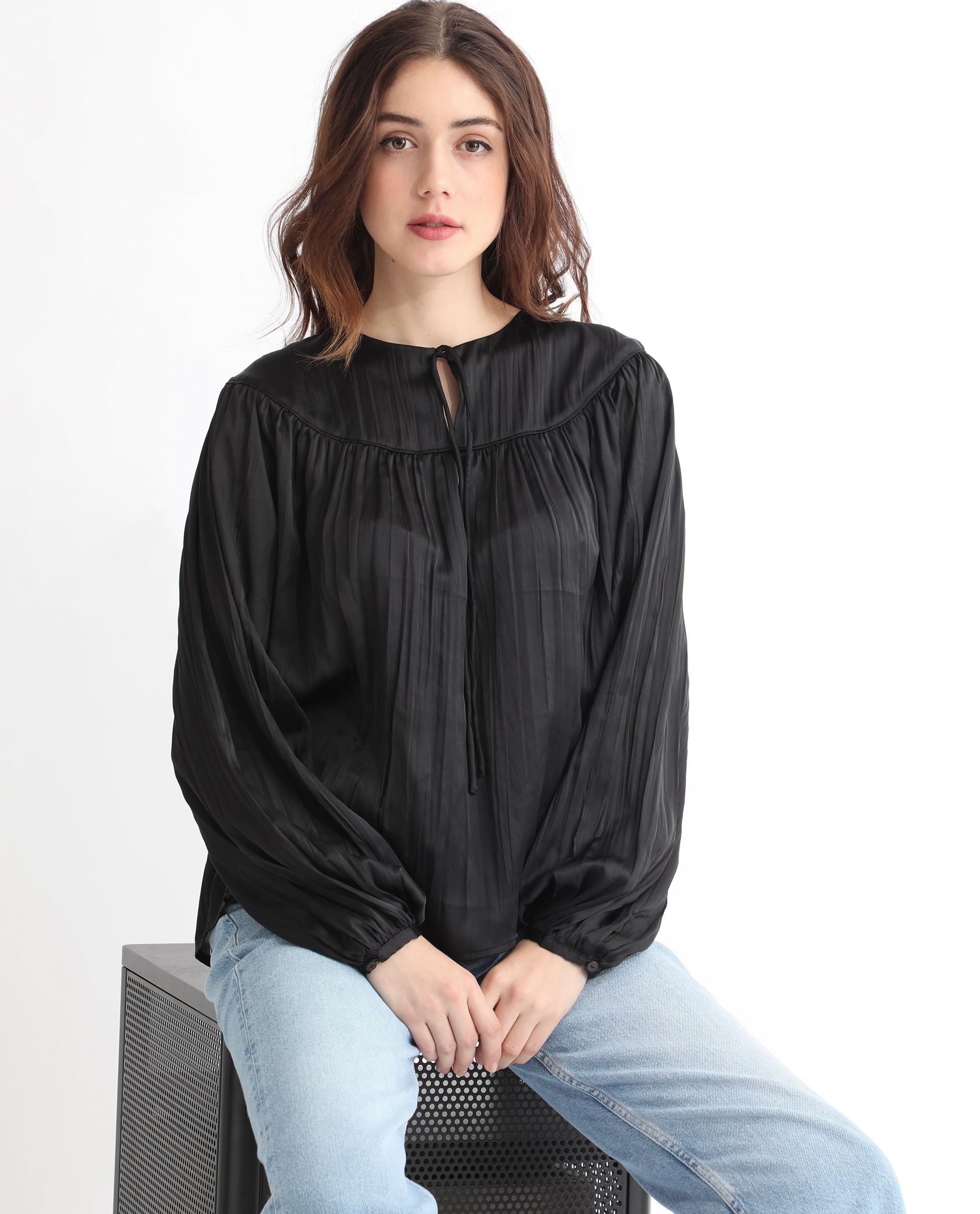 Rareism Women's Agathe Black Polyester Tie-Up Neck Plain Balloon Sleeve Relaxed Fit Top