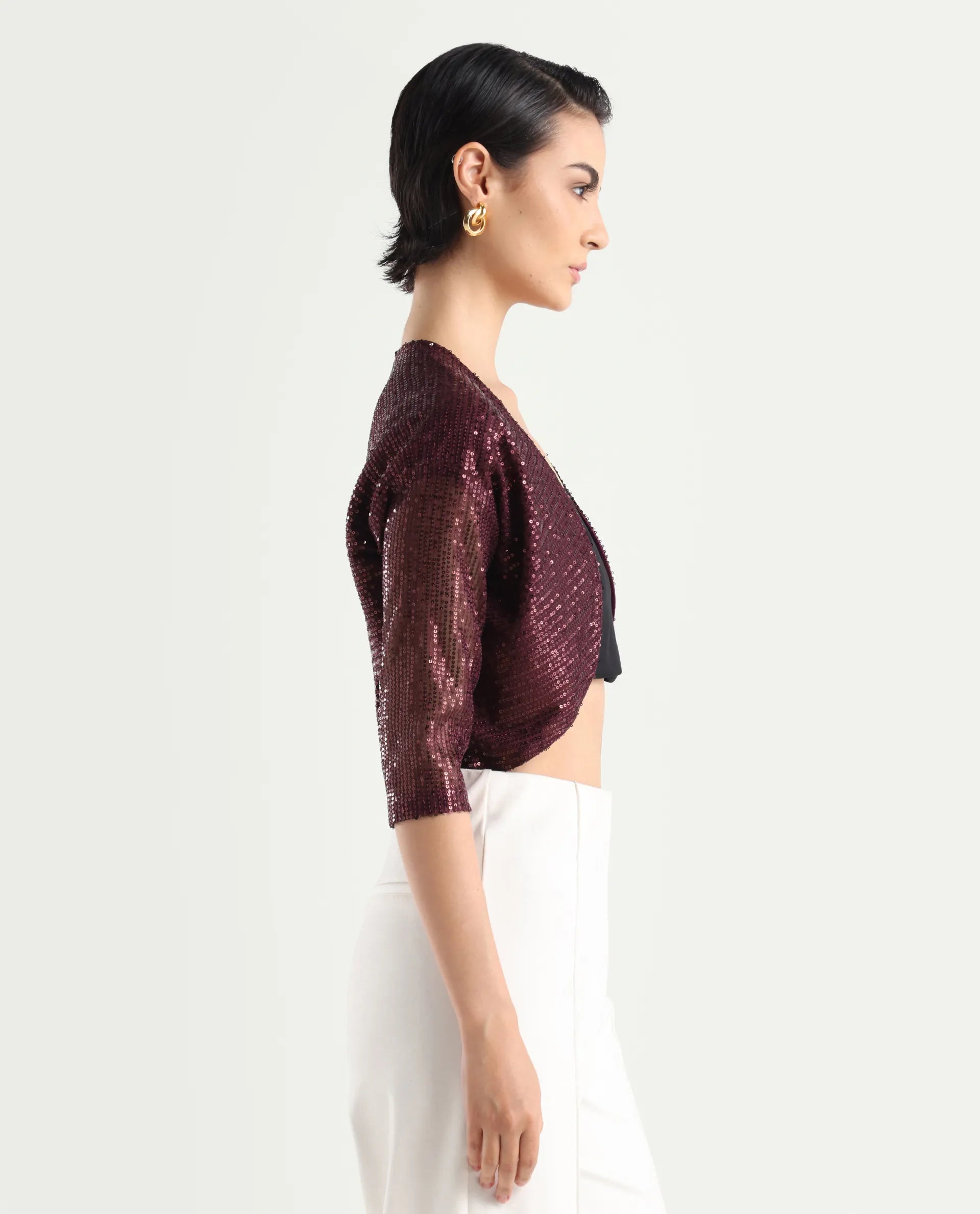 Rareism Women's Agog Maroon Nylon Collarless Sequined Knee Length Regular Fit Shrug