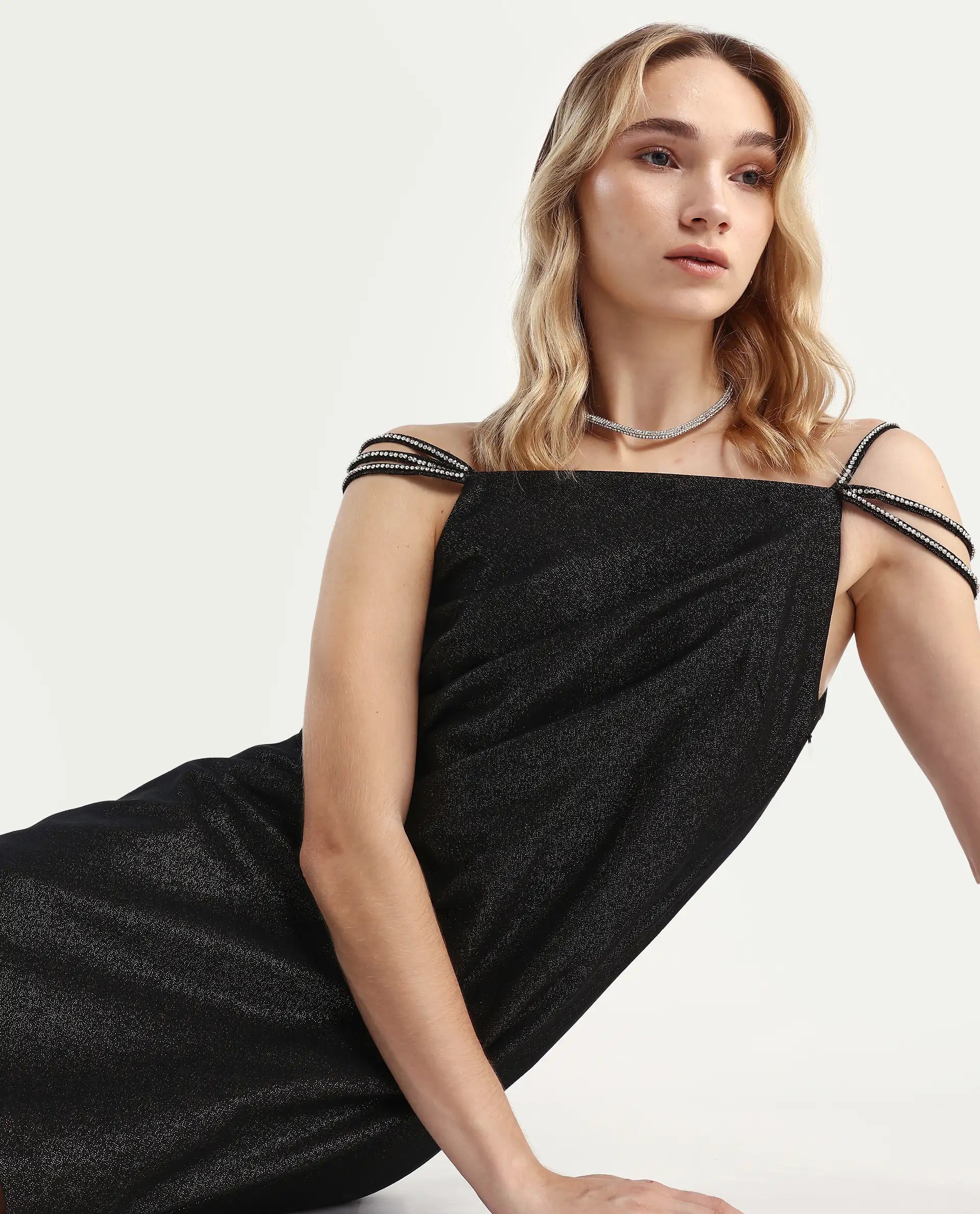 Rareism Women's Agri Black Polyester Shoulder Strap Jacquard Sleeveless Mini Regular Fit Dress