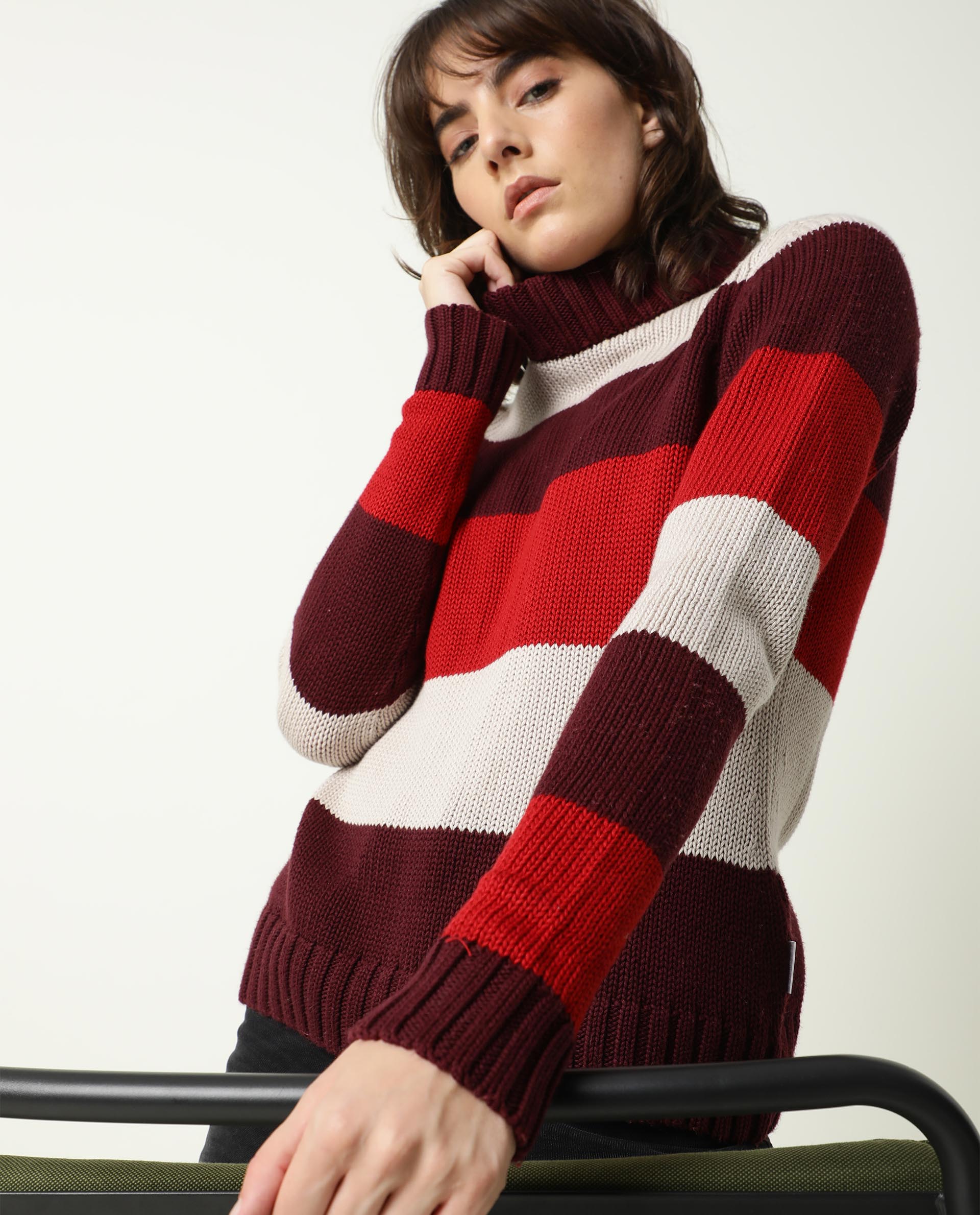 Rareism Women Tony Maroon Full Sleeves Regular Fit Color Blocked Turtle Neck Sweater