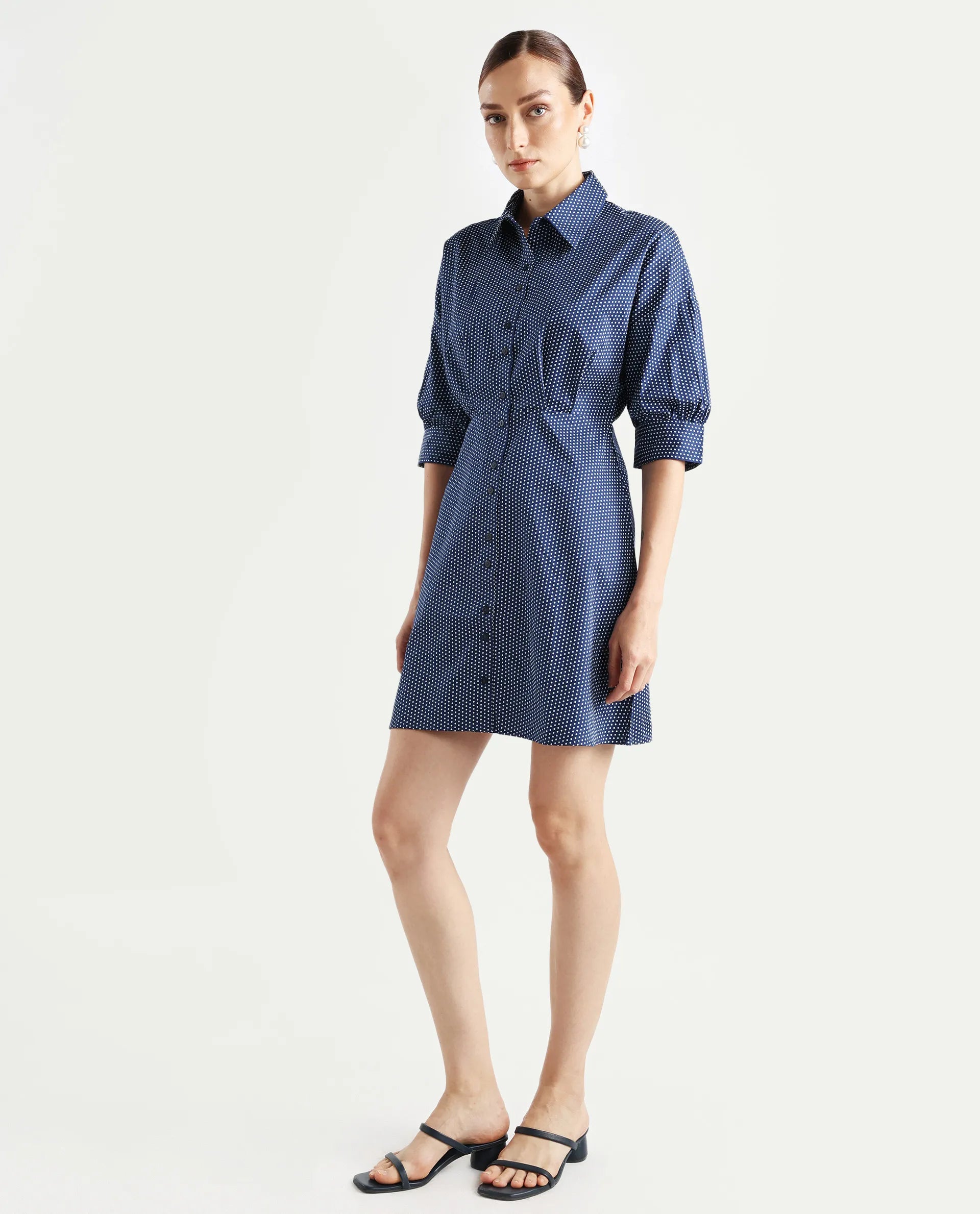 Rareism Women's Aiday Dark Drop Collar Polka Print Cuffed Sleeve Mini Regular Fit Dress