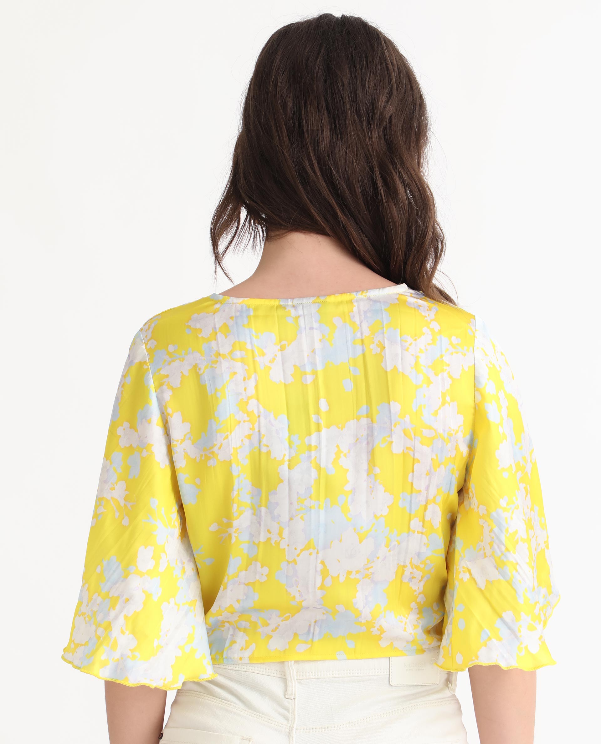 Rareism Women's Ainara Yellow Polyester V-Neck Abstract Print Flared Sleeve Crop Regular Fit Top