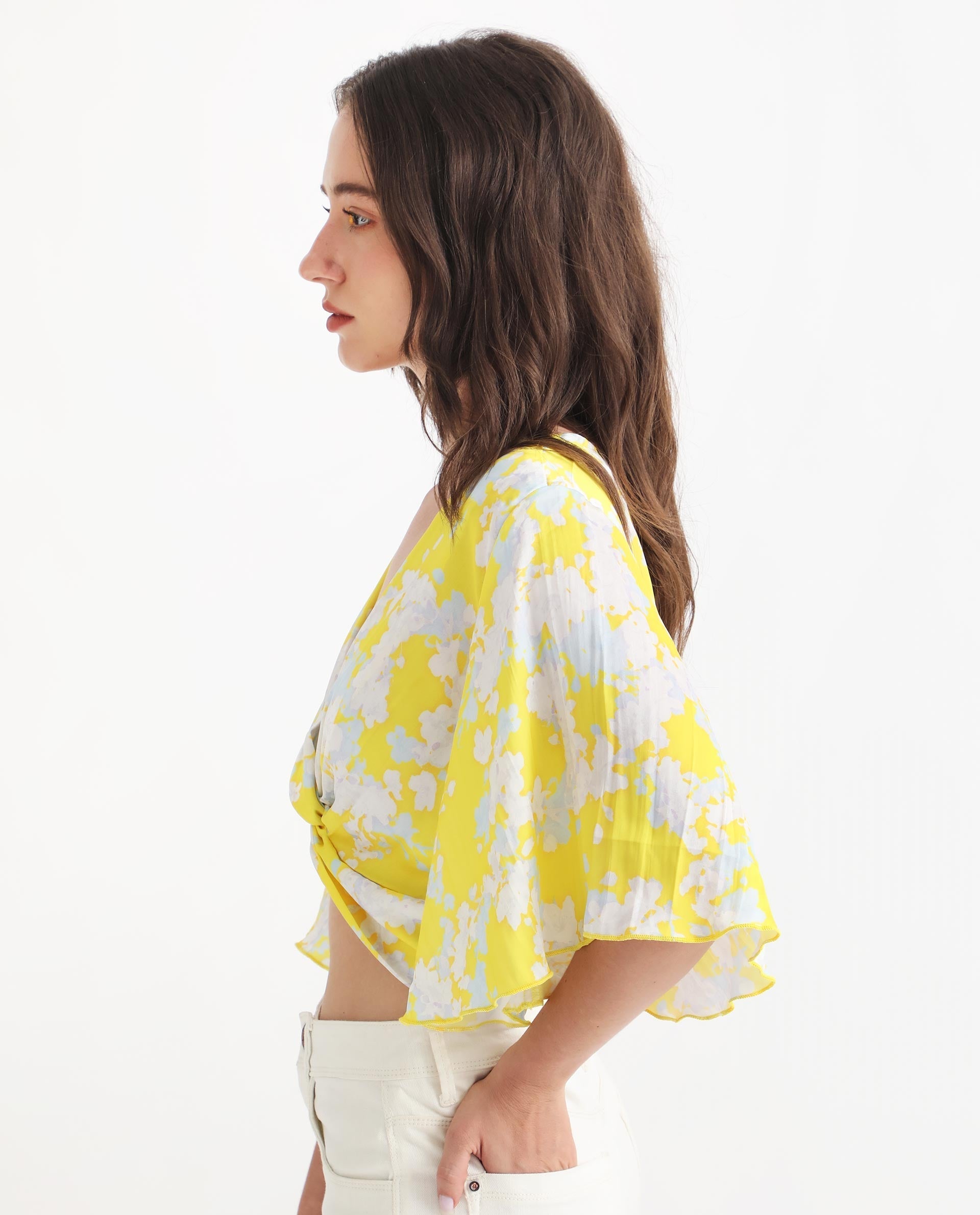Rareism Women's Ainara Yellow Polyester V-Neck Abstract Print Flared Sleeve Crop Regular Fit Top