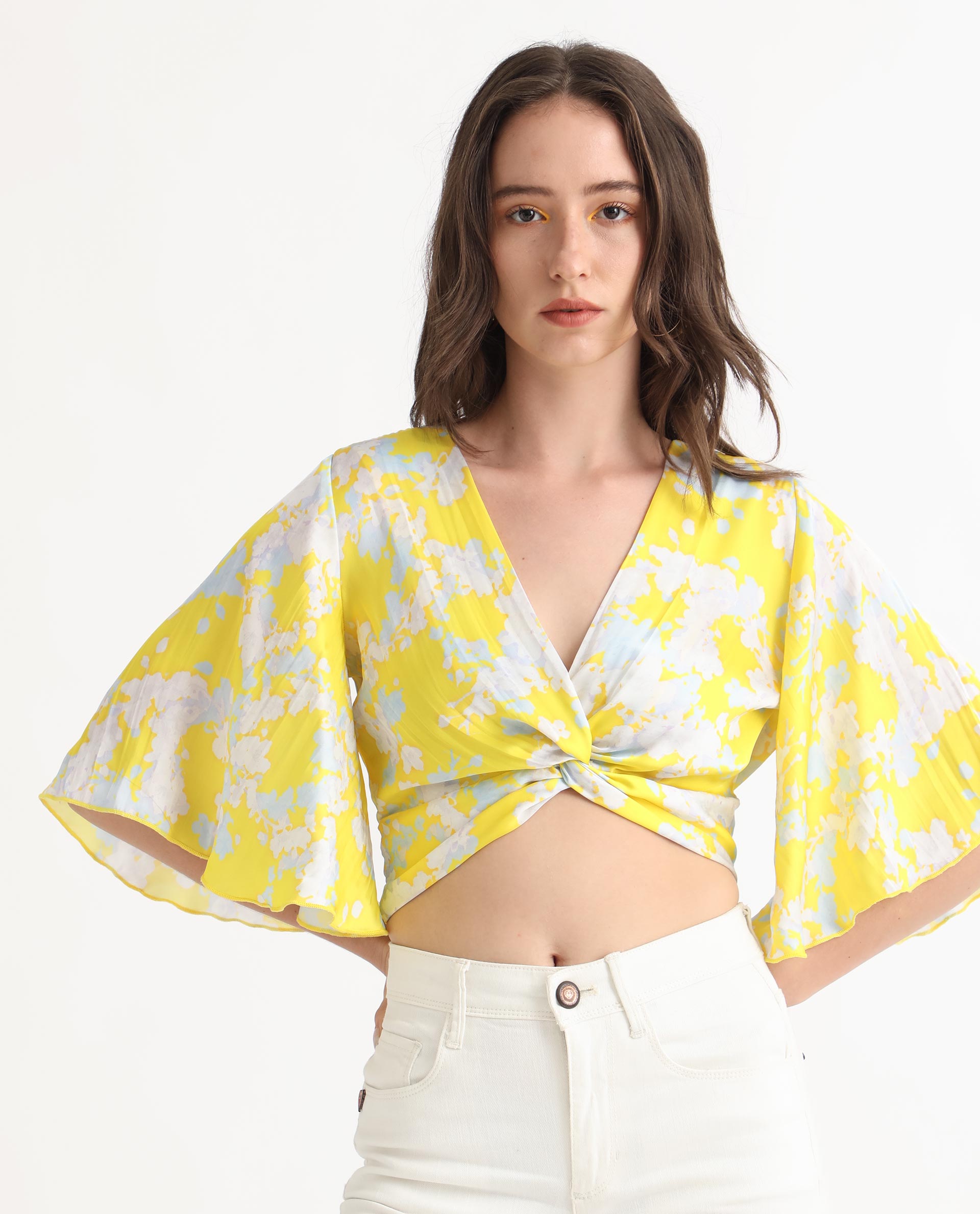 Rareism Women's Ainara Yellow Polyester V-Neck Abstract Print Flared Sleeve Crop Regular Fit Top