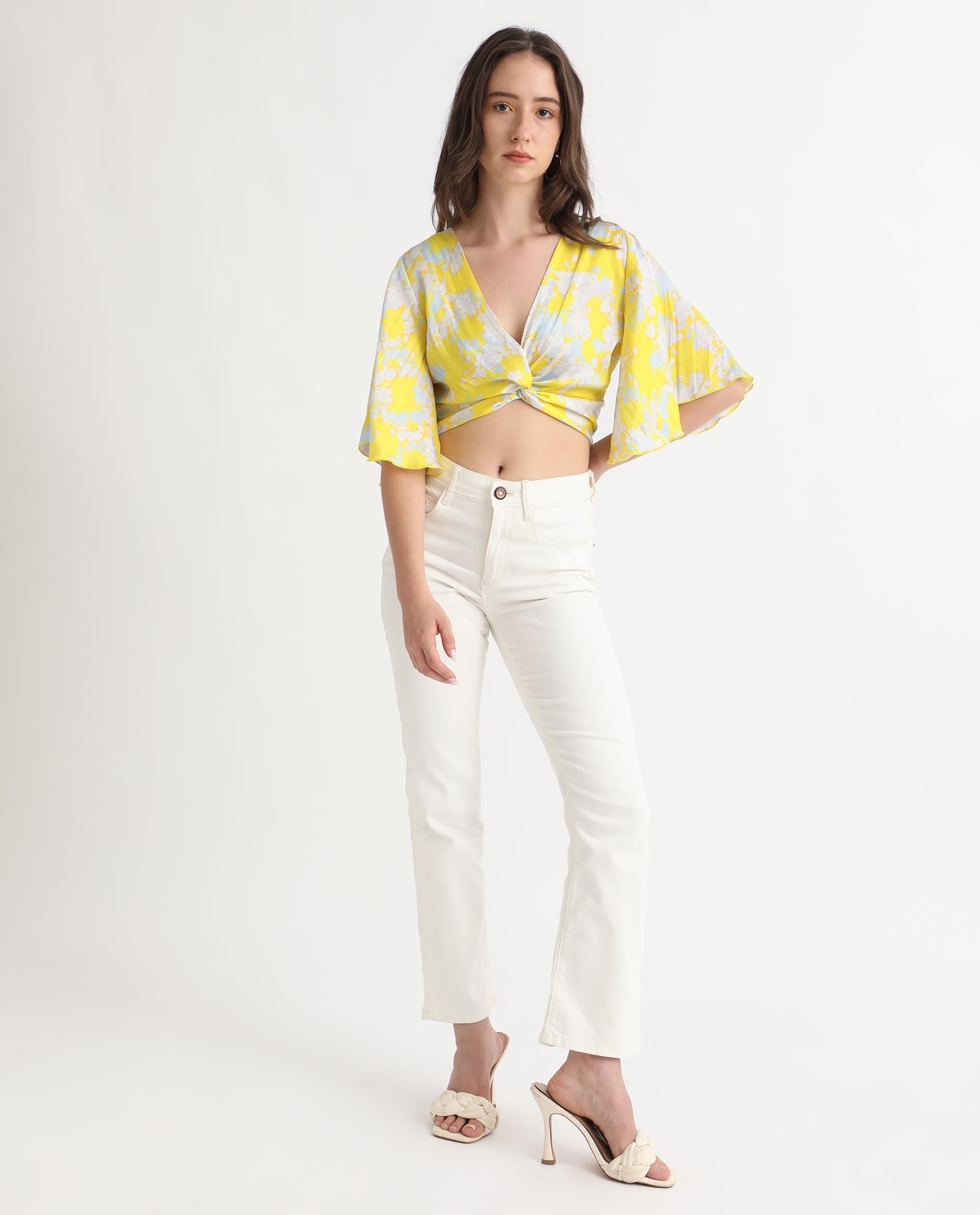 Rareism Women's Ainara Yellow Polyester V-Neck Abstract Print Flared Sleeve Crop Regular Fit Top