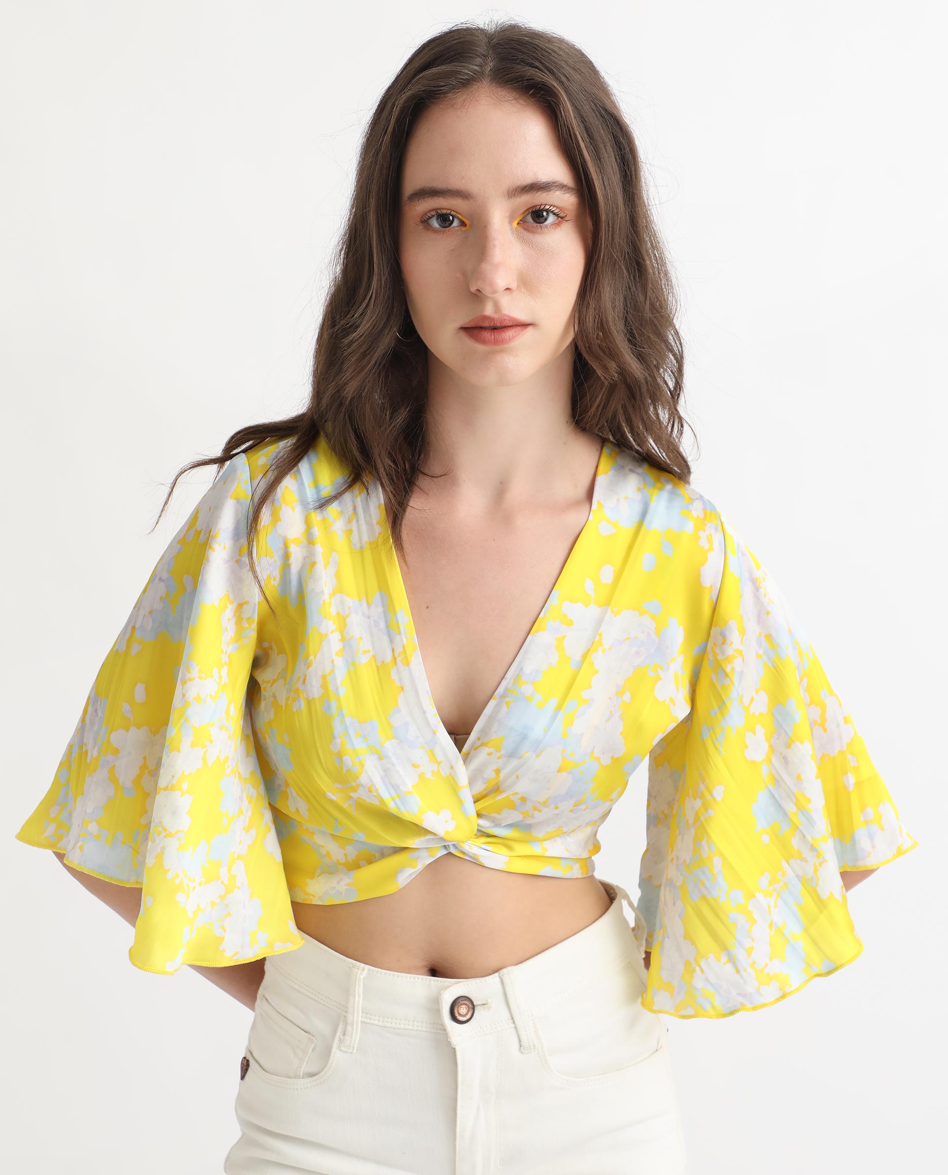 Rareism Women's Ainara Yellow Polyester V-Neck Abstract Print Flared Sleeve Crop Regular Fit Top