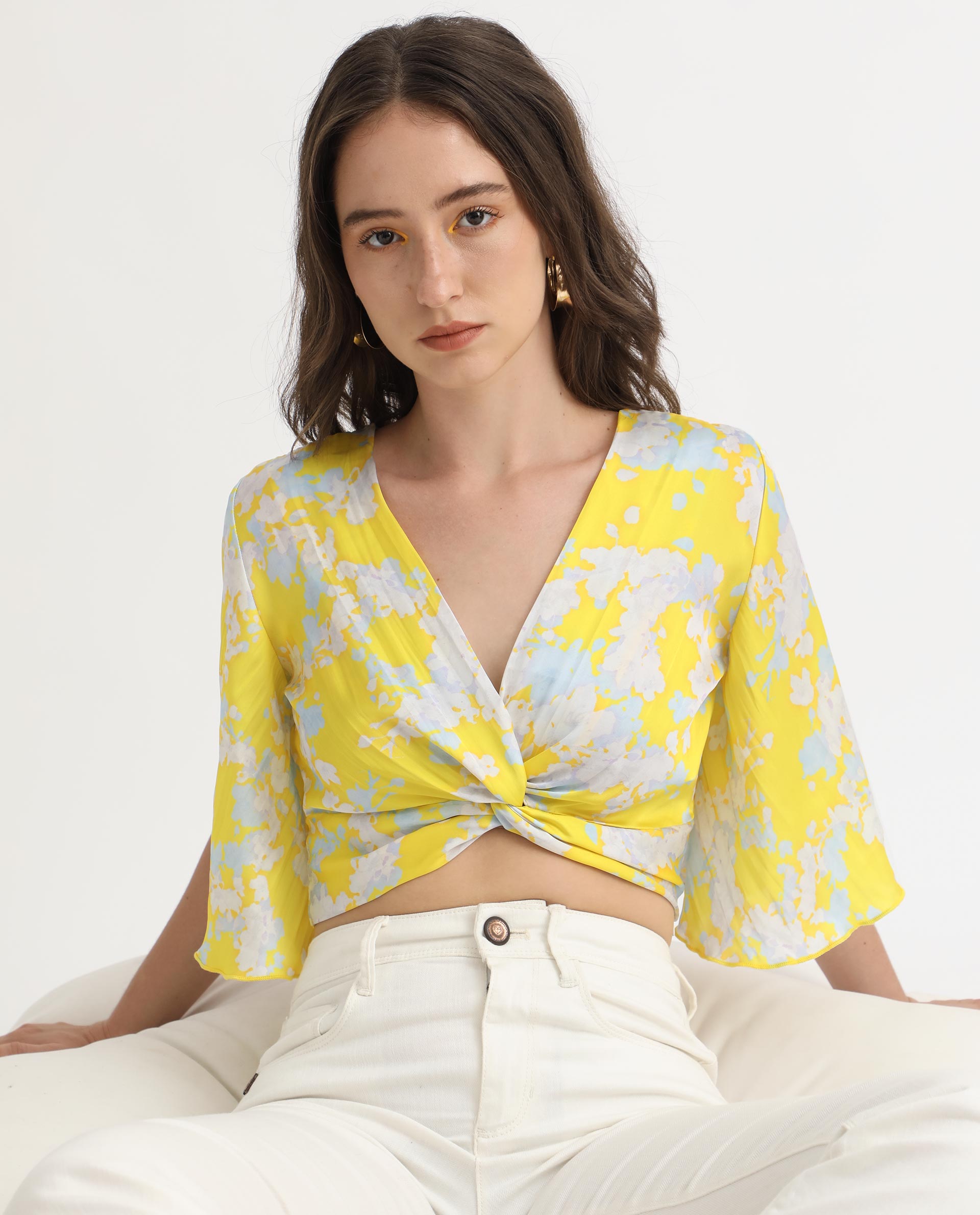 Rareism Women's Ainara Yellow Polyester V-Neck Abstract Print Flared Sleeve Crop Regular Fit Top