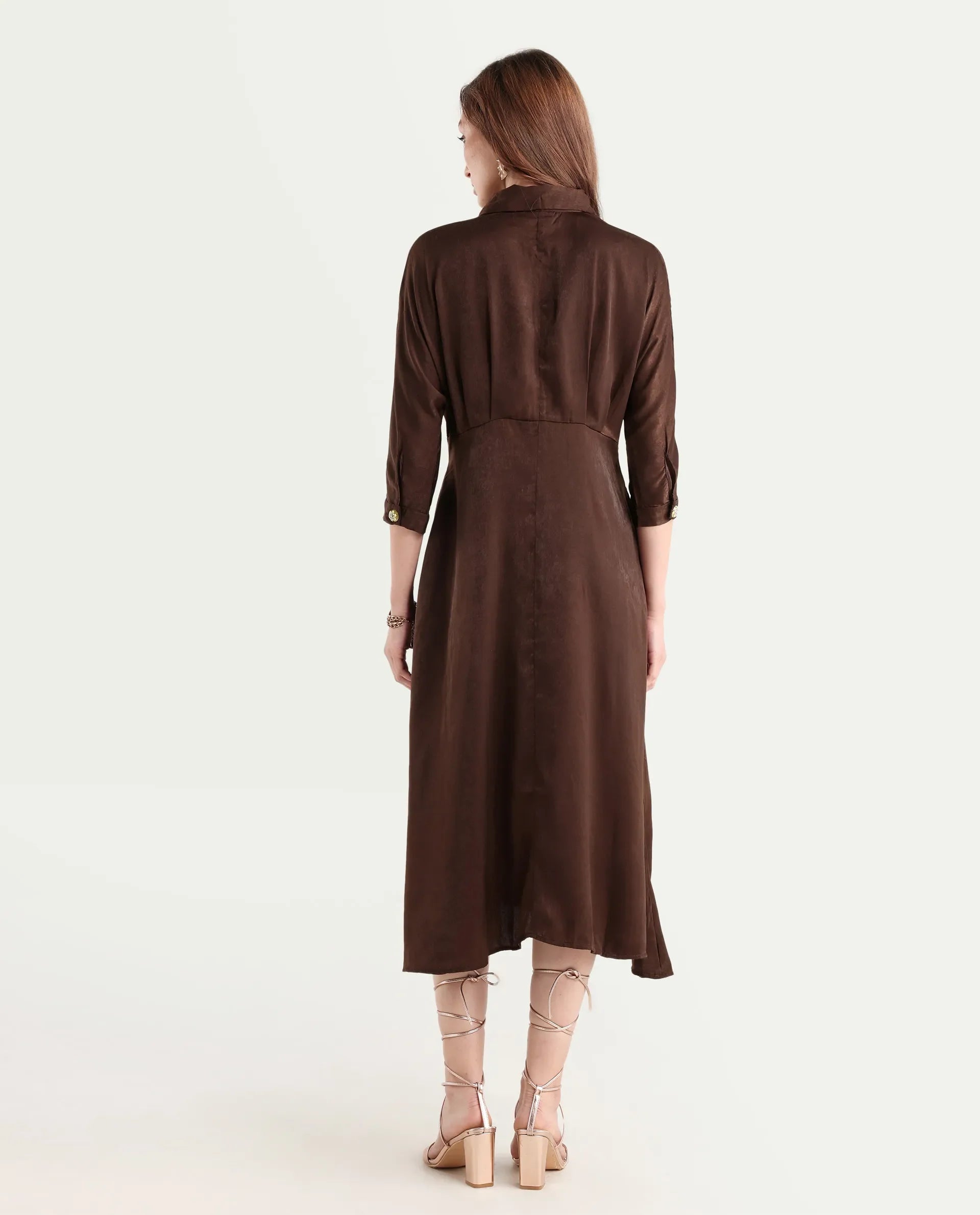 Rareism Women's Airbaz Brown Velvet Drop Collar Plain Kimono Sleeve Midi A-Line Dress