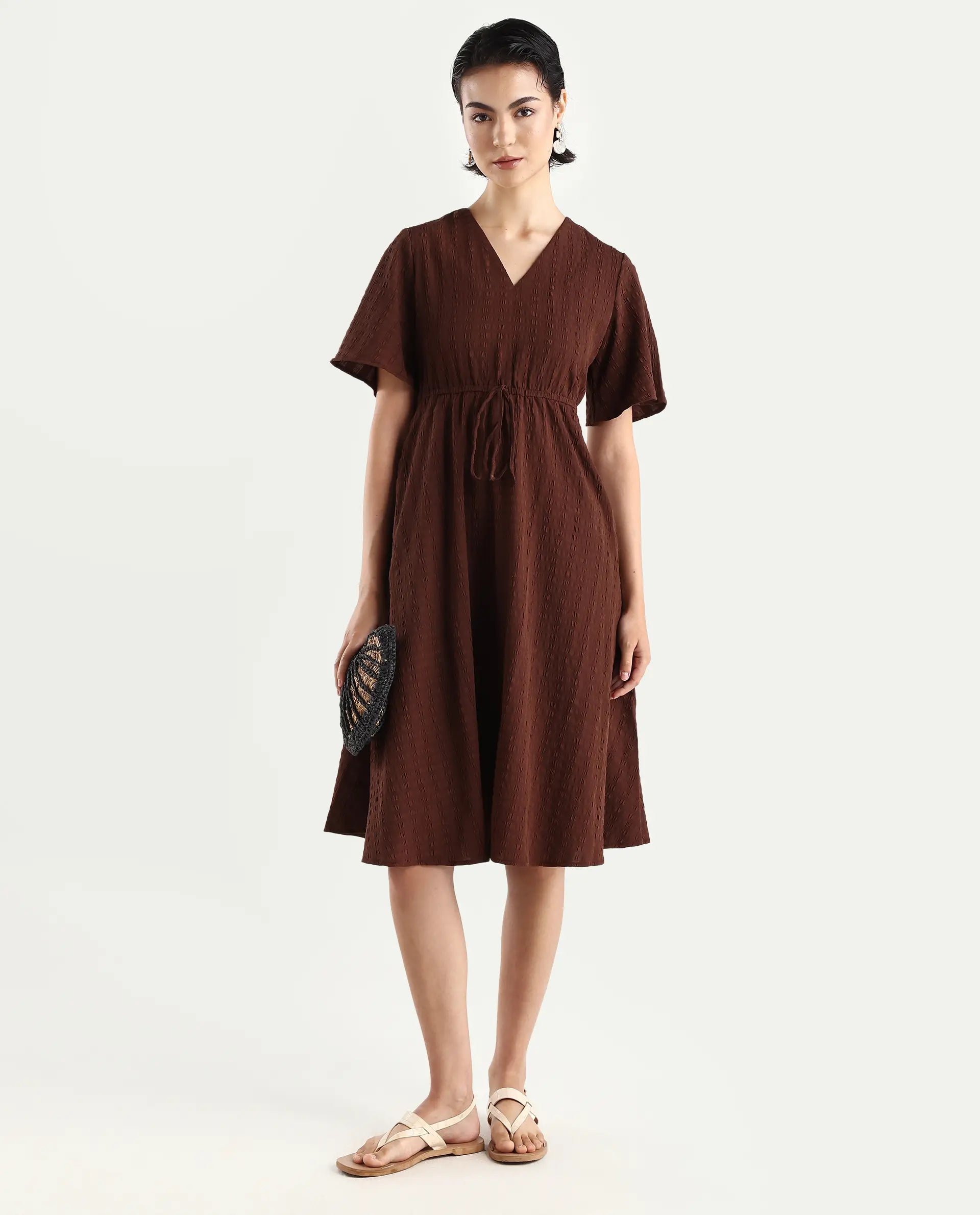 Rareism Women's Airin Rust Polyester Half Sleeve V-Neck Flared Dress