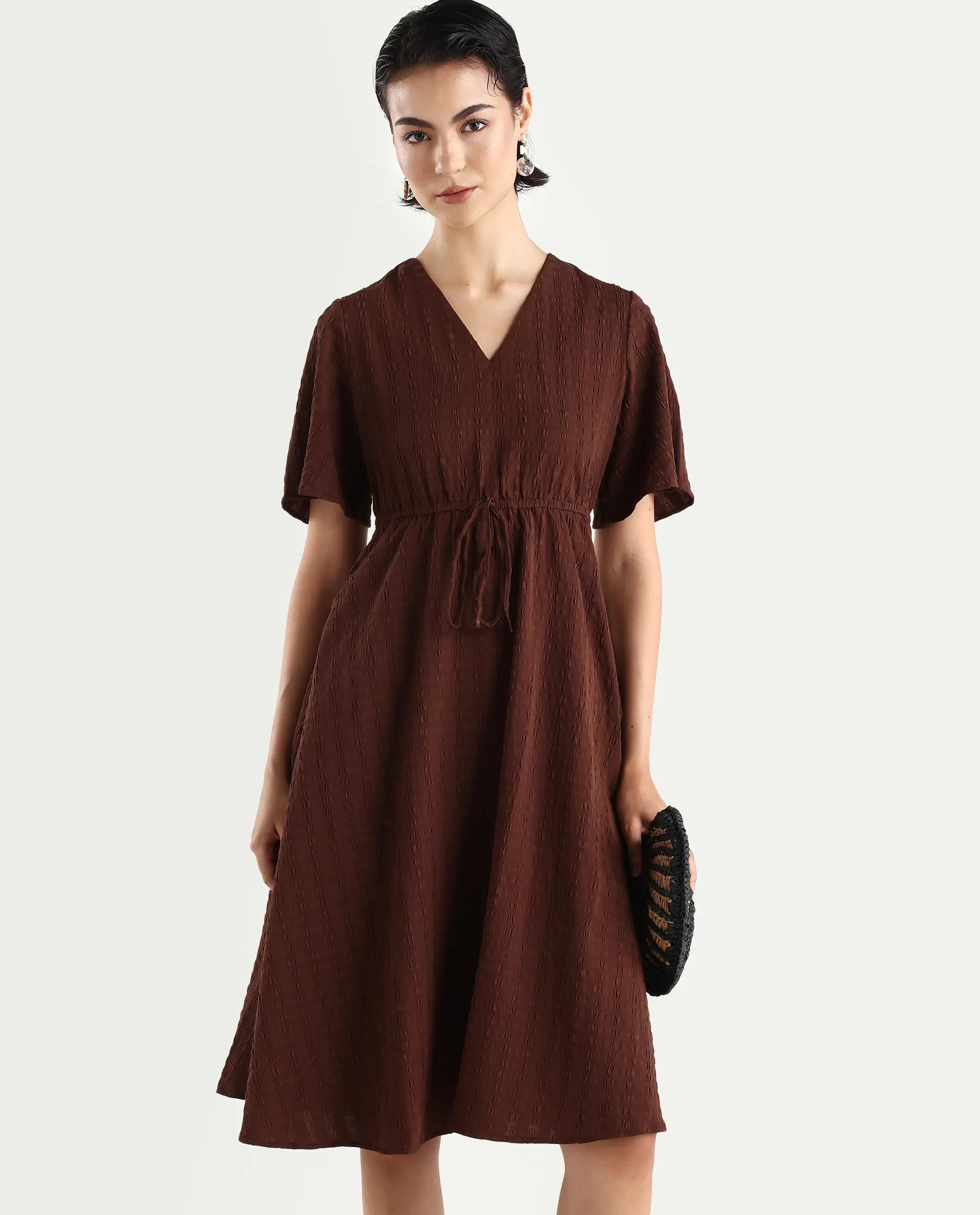 Rareism Women's Airin Rust Polyester Half Sleeve V-Neck Flared Dress