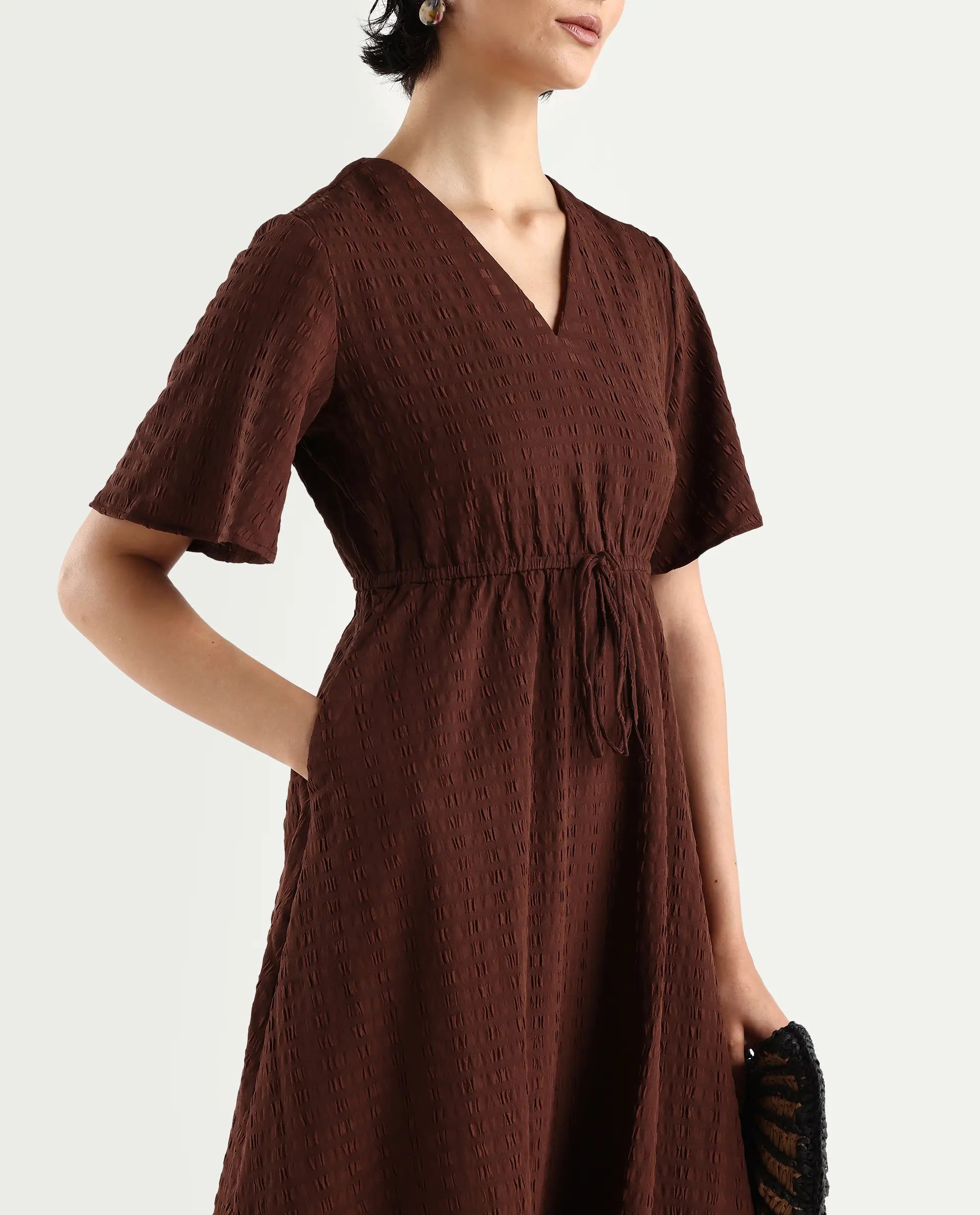 Rareism Women's Airin Rust Polyester Half Sleeve V-Neck Flared Dress