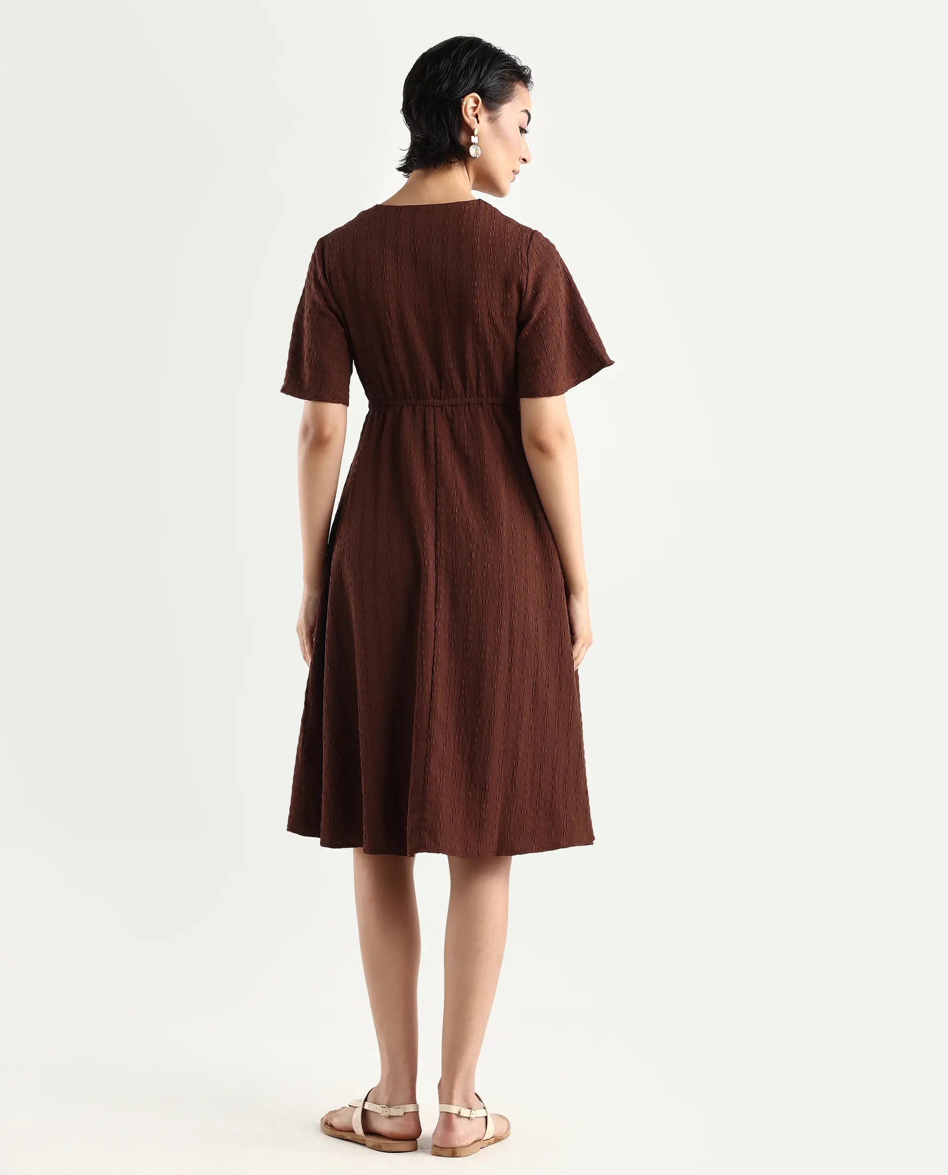 Rareism Women's Airin Rust Polyester Half Sleeve V-Neck Flared Dress