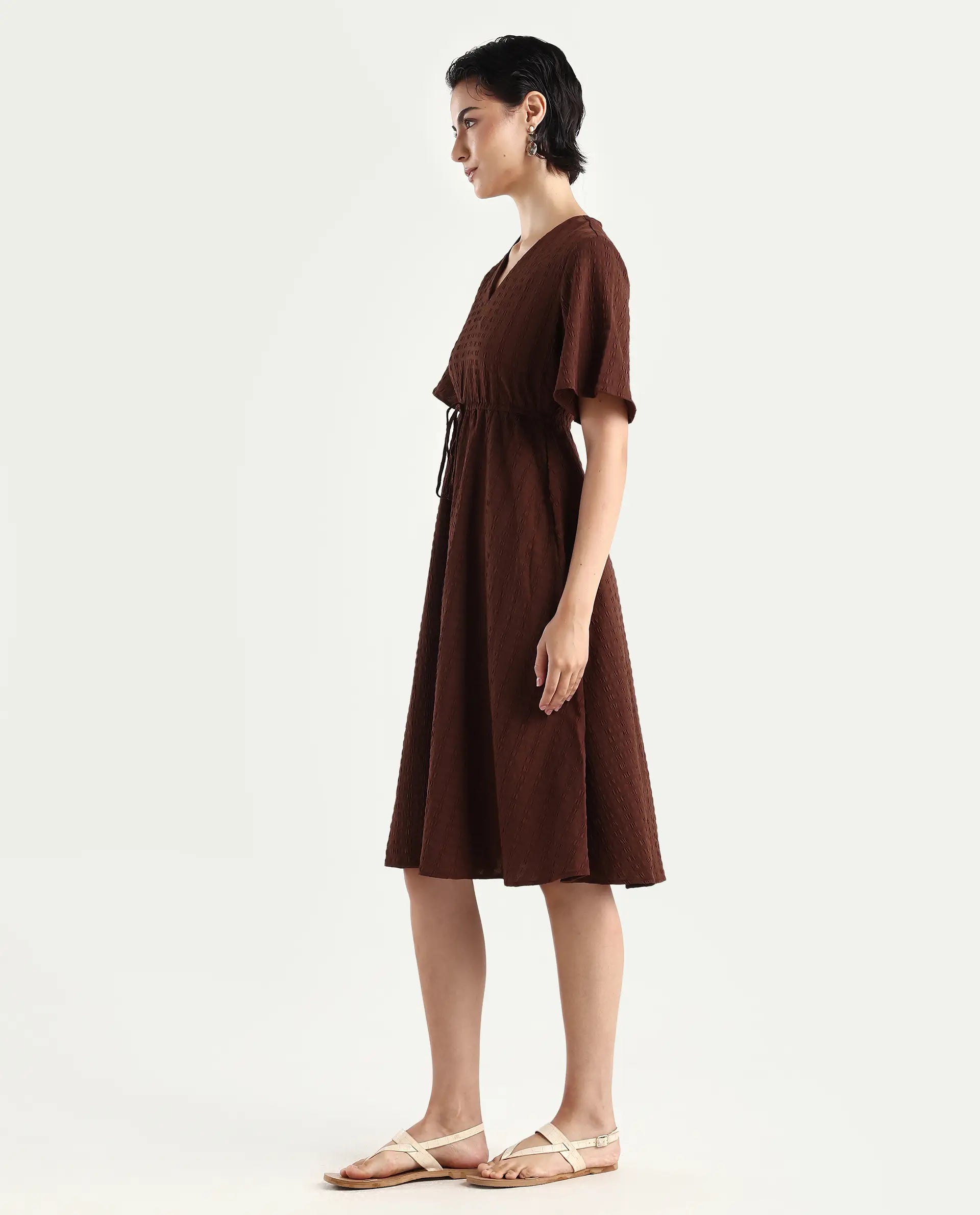 Rareism Women's Airin Rust Polyester Half Sleeve V-Neck Flared Dress