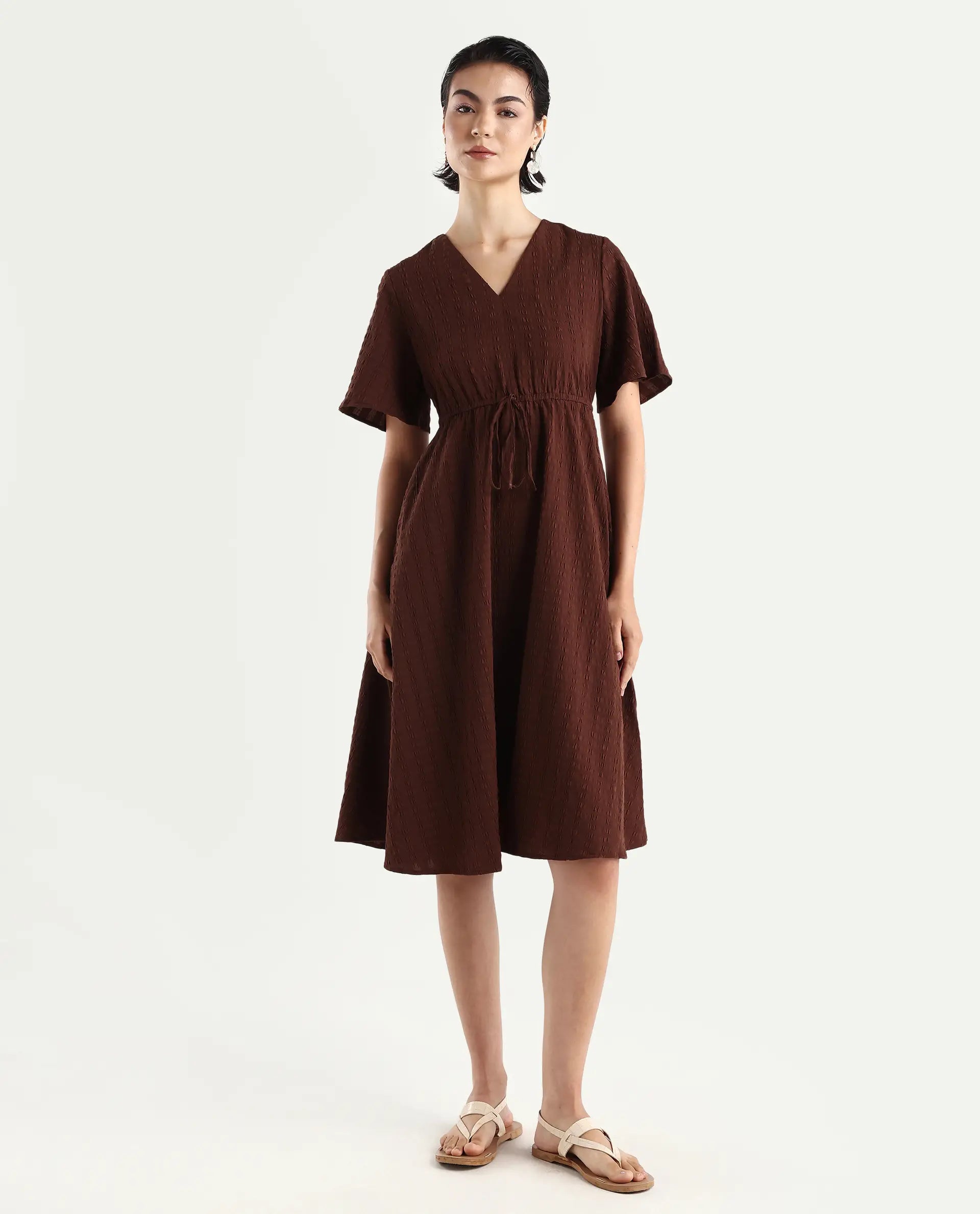 Rareism Women's Airin Rust Polyester Half Sleeve V-Neck Flared Dress