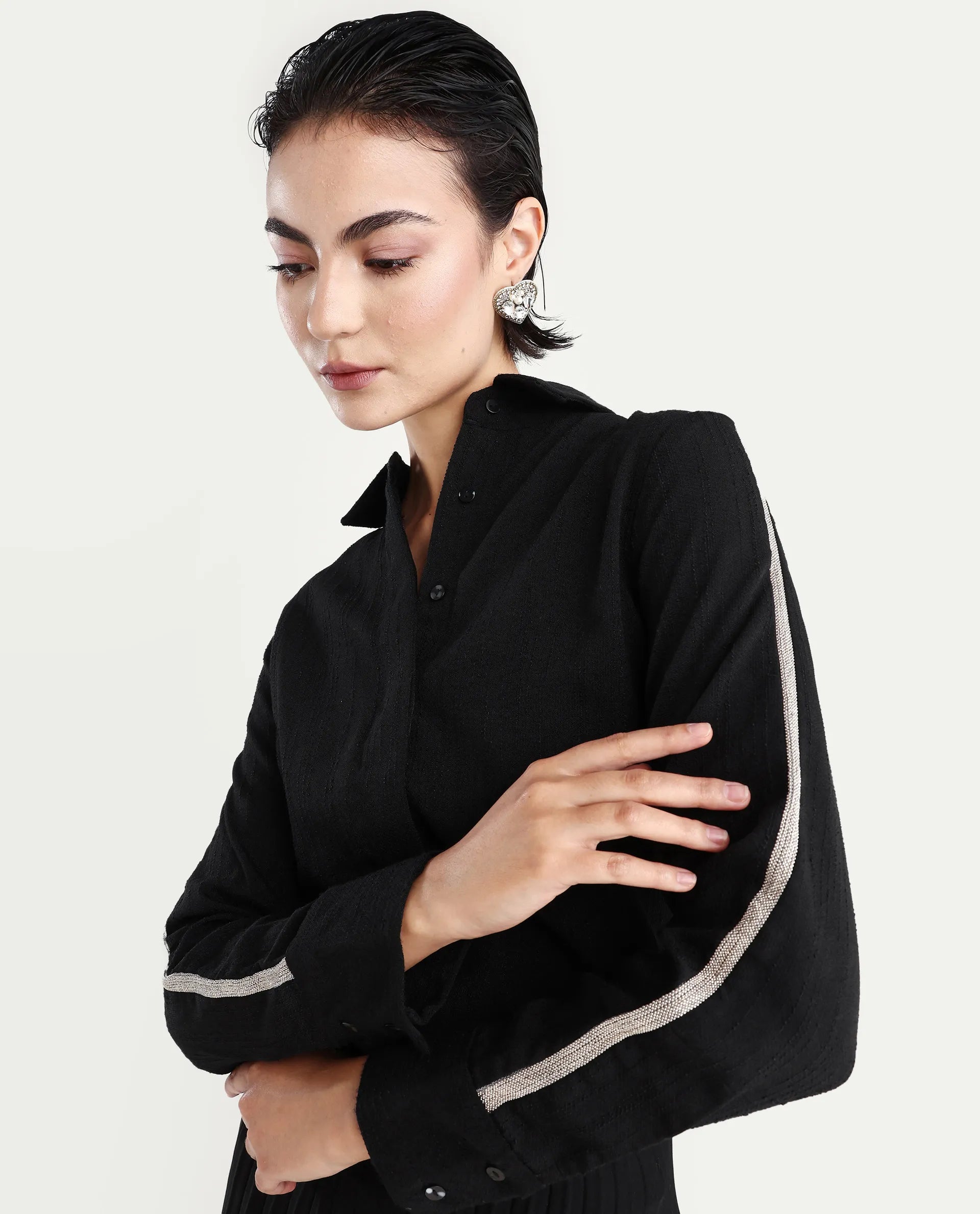 Rareism Women's Aivva Black Satin Drop Collar Dyed Cuffed Sleeve Regular Fit Shirt