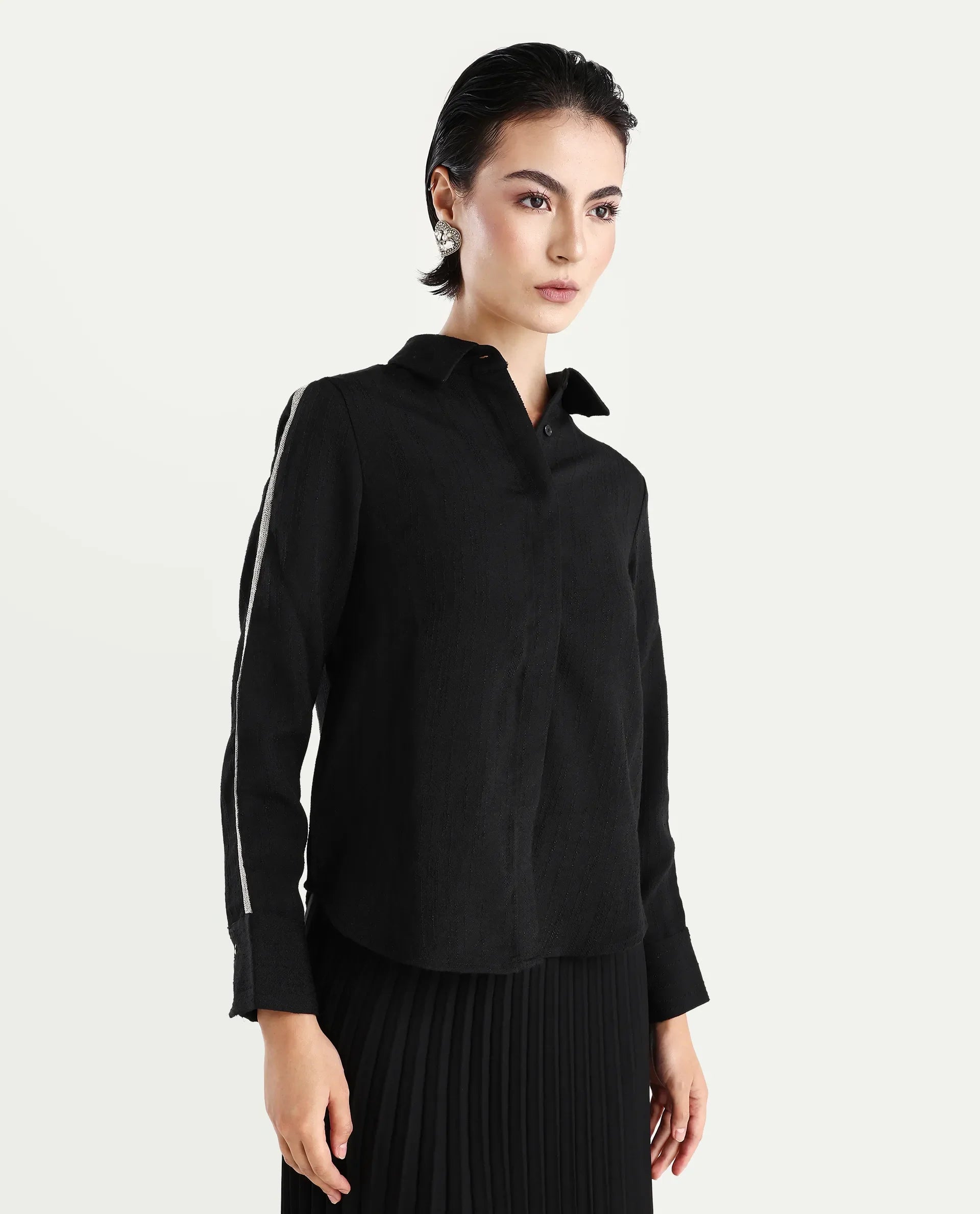 Rareism Women's Aivva Black Satin Drop Collar Dyed Cuffed Sleeve Regular Fit Shirt