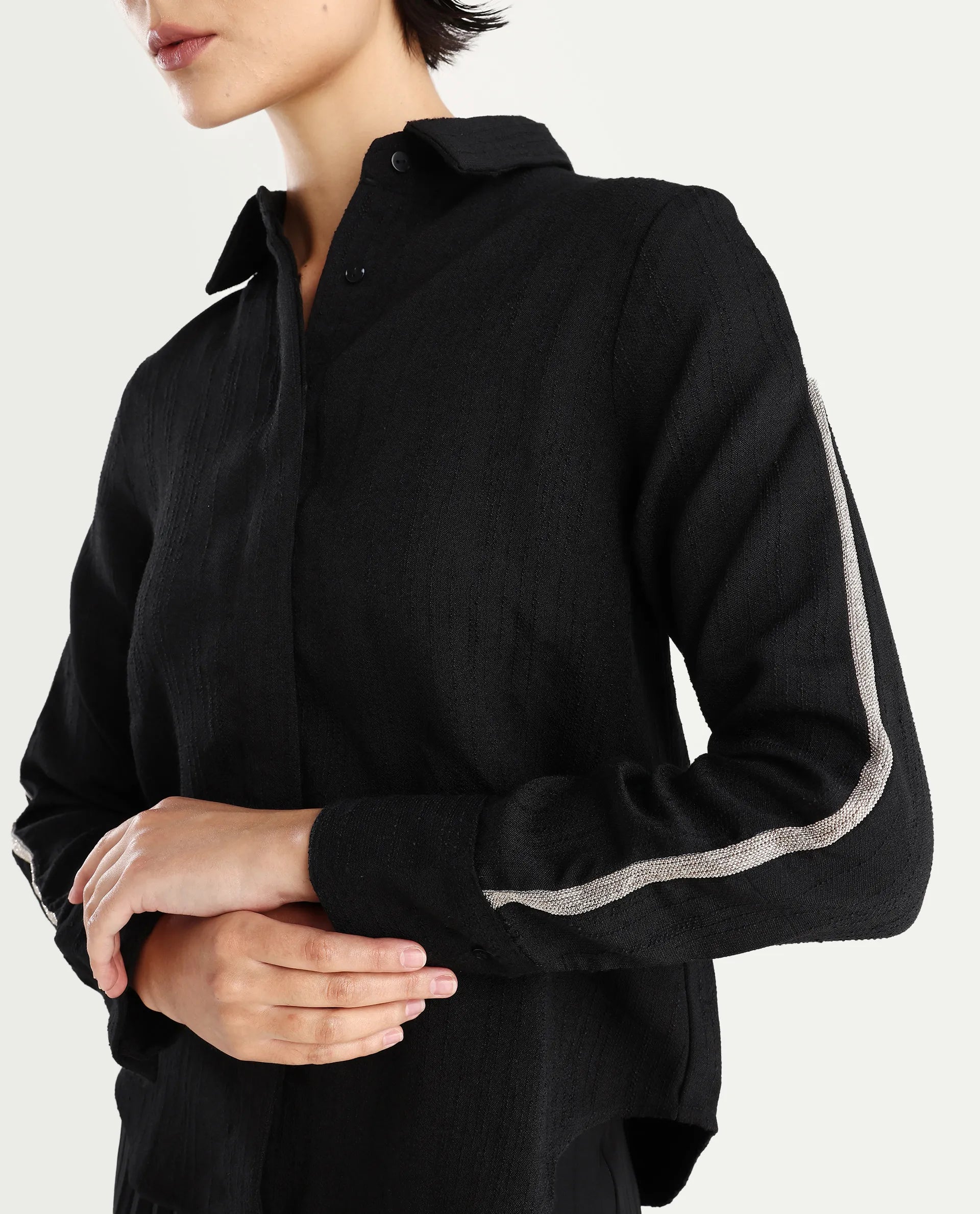 Rareism Women's Aivva Black Satin Drop Collar Dyed Cuffed Sleeve Regular Fit Shirt