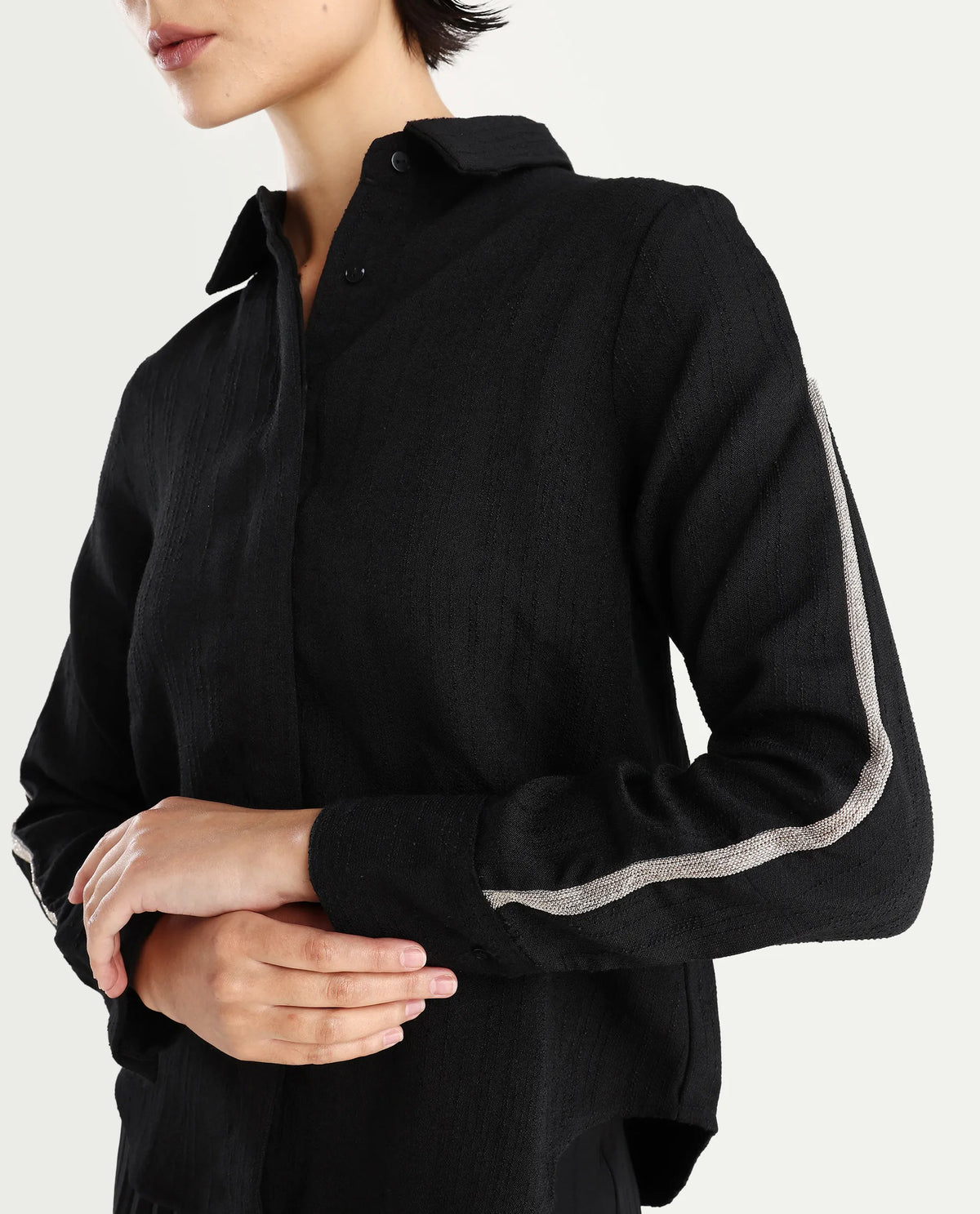 Rareism Women's Aivva Black Satin Drop Collar Dyed Cuffed Sleeve Regular Fit Shirt