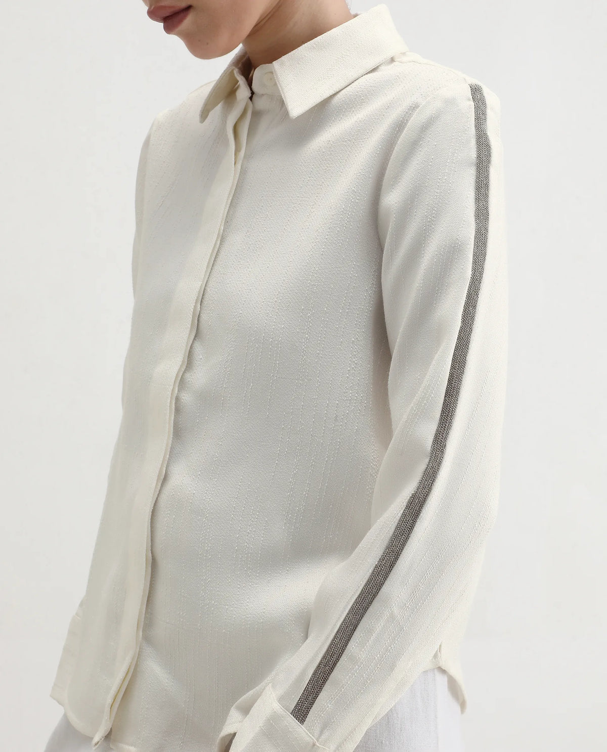 Rareism Women's Aivva White Satin Drop Collar Dyed Cuffed Sleeve Regular Fit Shirt
