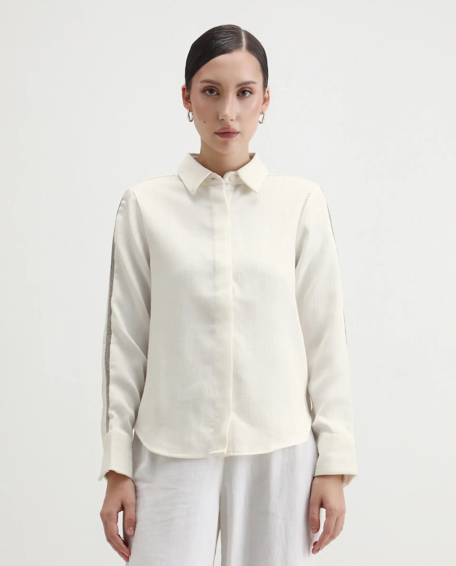Rareism Women's Aivva White Satin Drop Collar Dyed Cuffed Sleeve Regular Fit Shirt