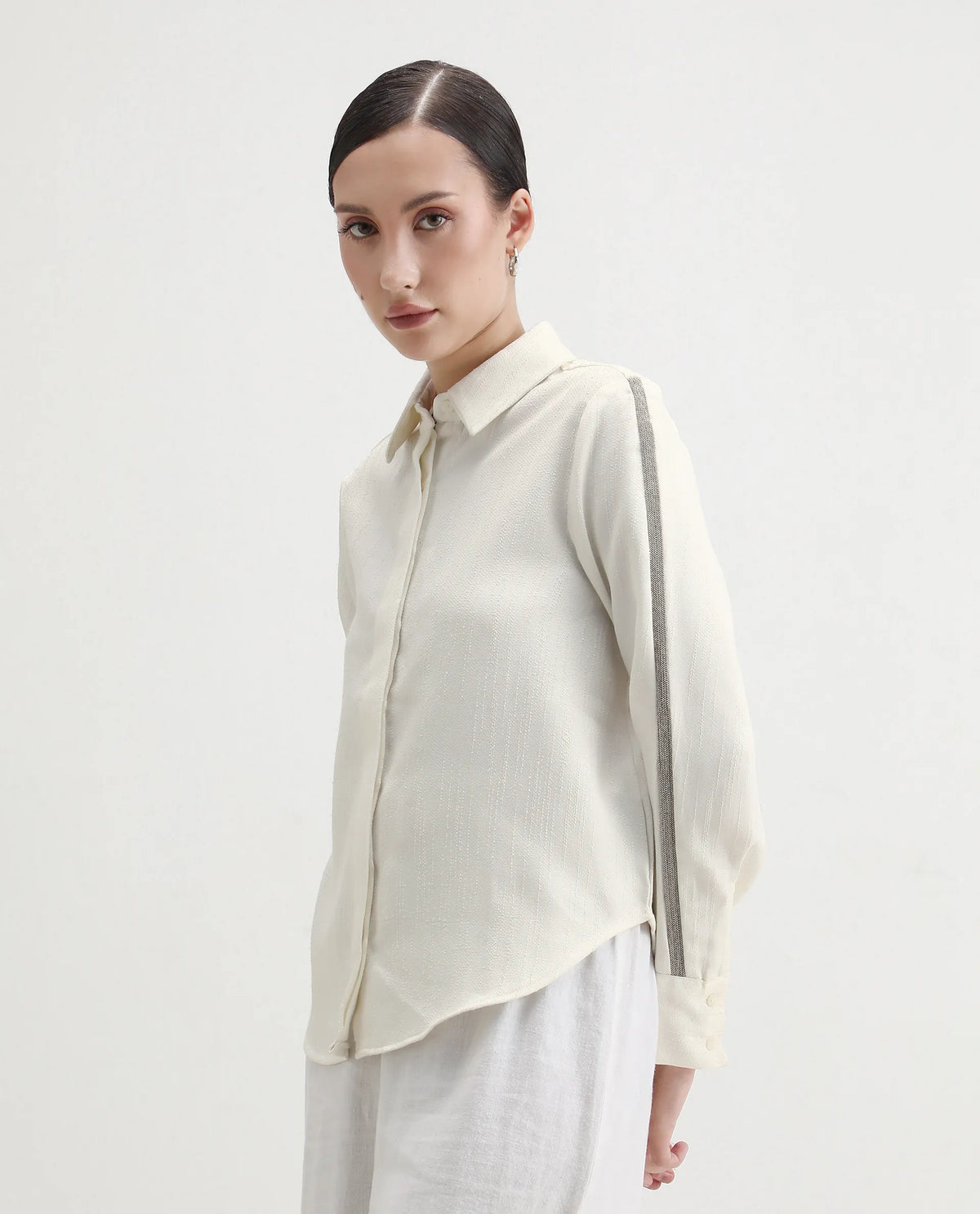 Rareism Women's Aivva White Satin Drop Collar Dyed Cuffed Sleeve Regular Fit Shirt