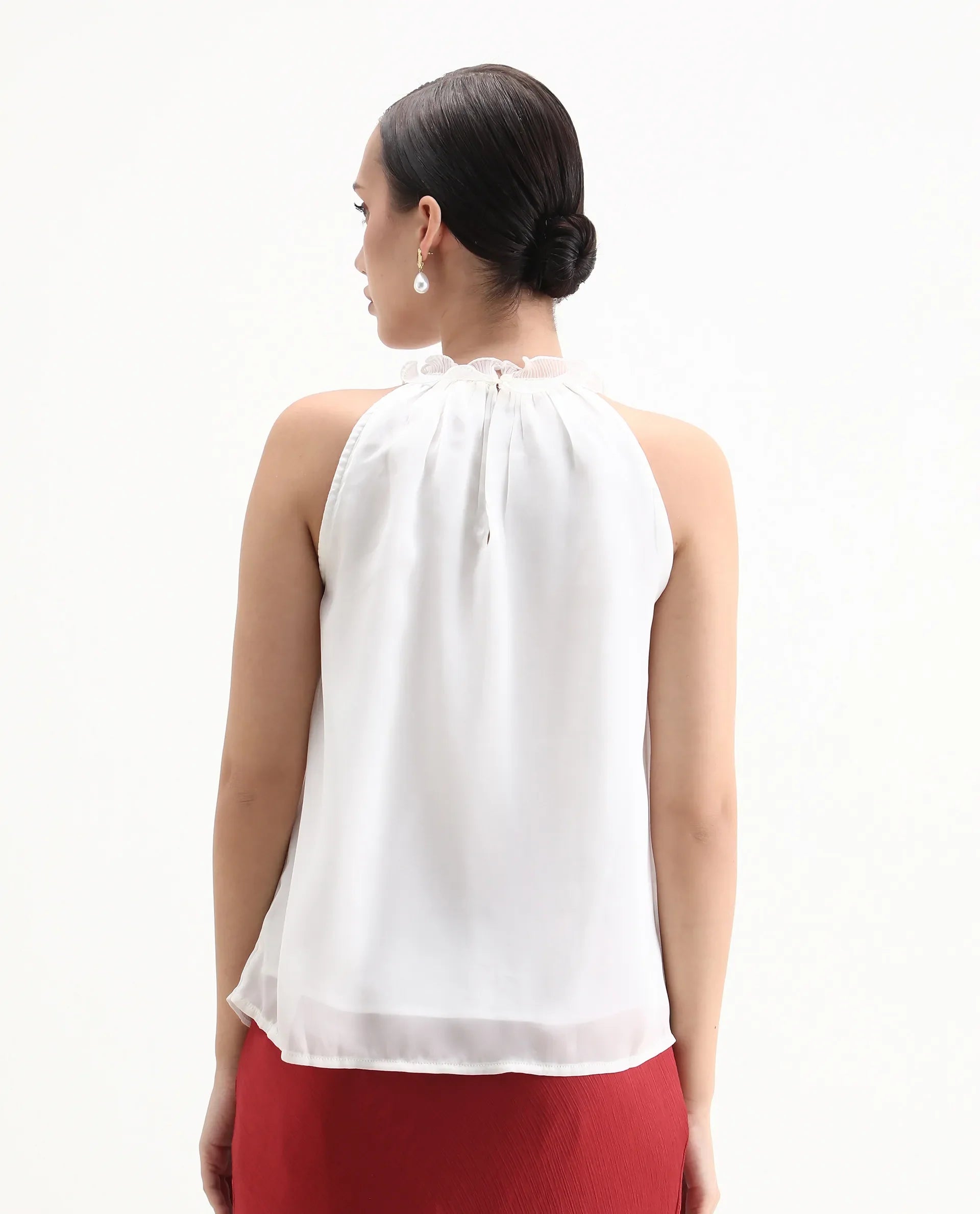 Rareism Women's Akane White Polyester Halter Neck Plain Sleeveless Regular Fit Top