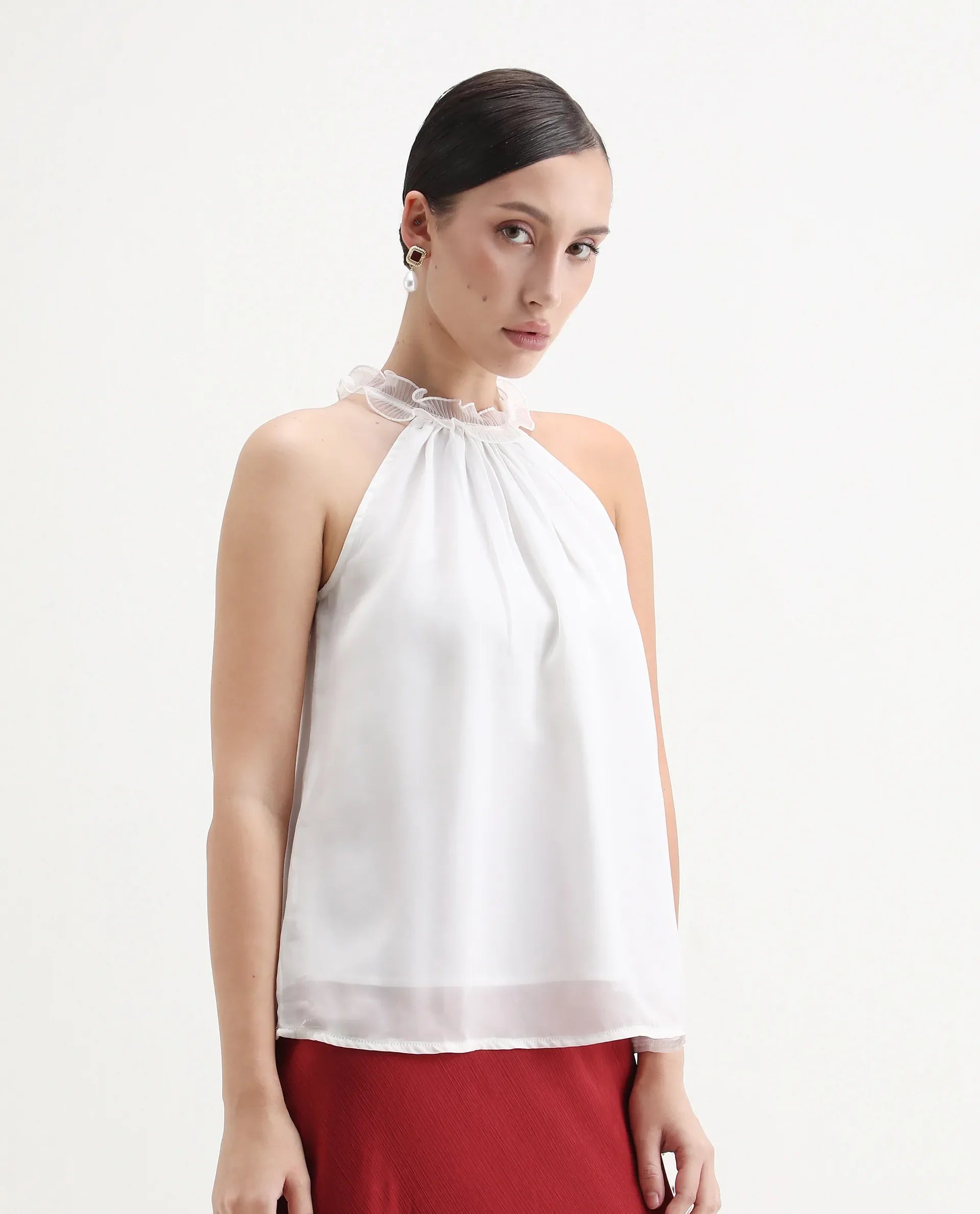 Rareism Women's Akane White Polyester Halter Neck Plain Sleeveless Regular Fit Top