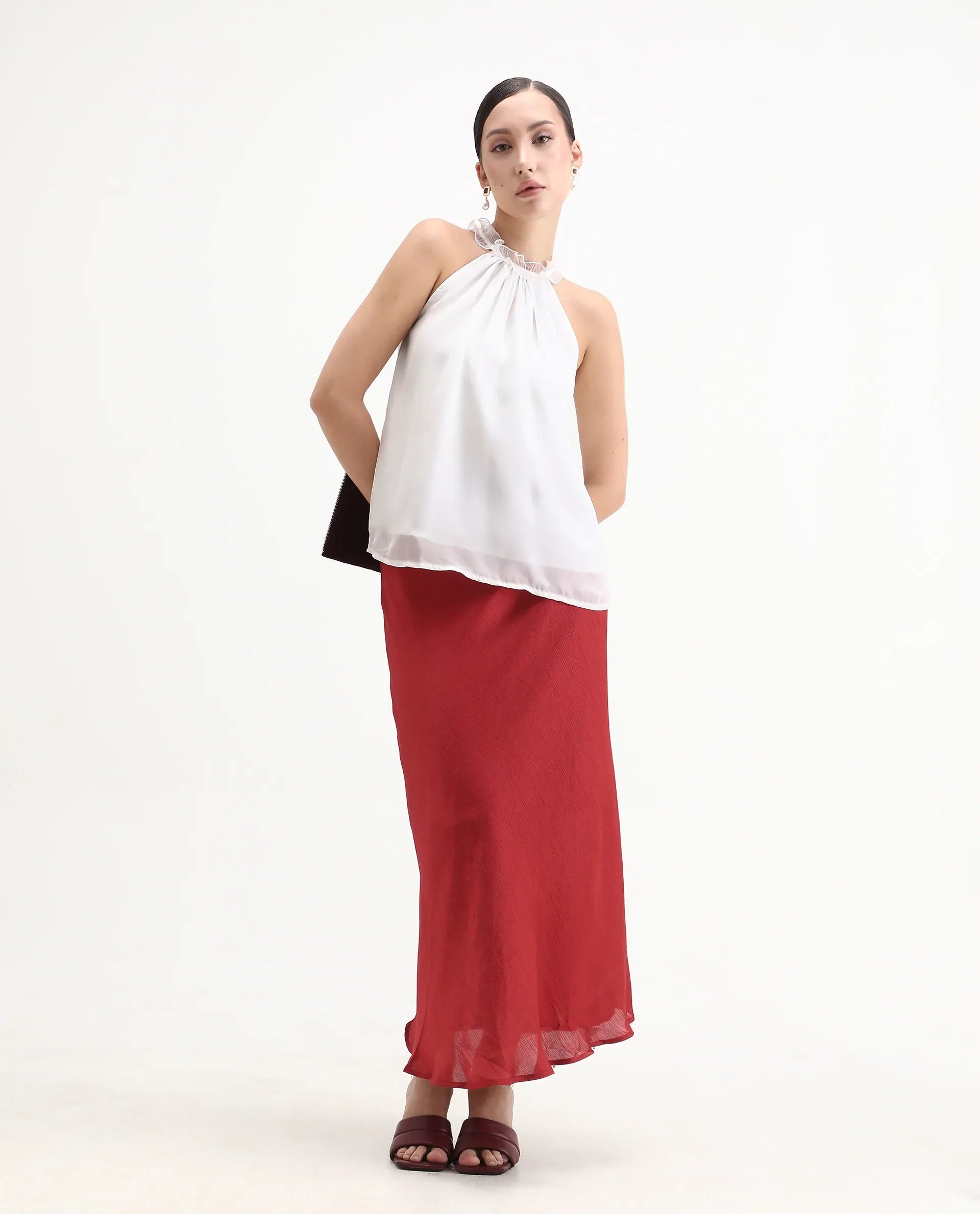 Rareism Women's Akane White Polyester Halter Neck Plain Sleeveless Regular Fit Top