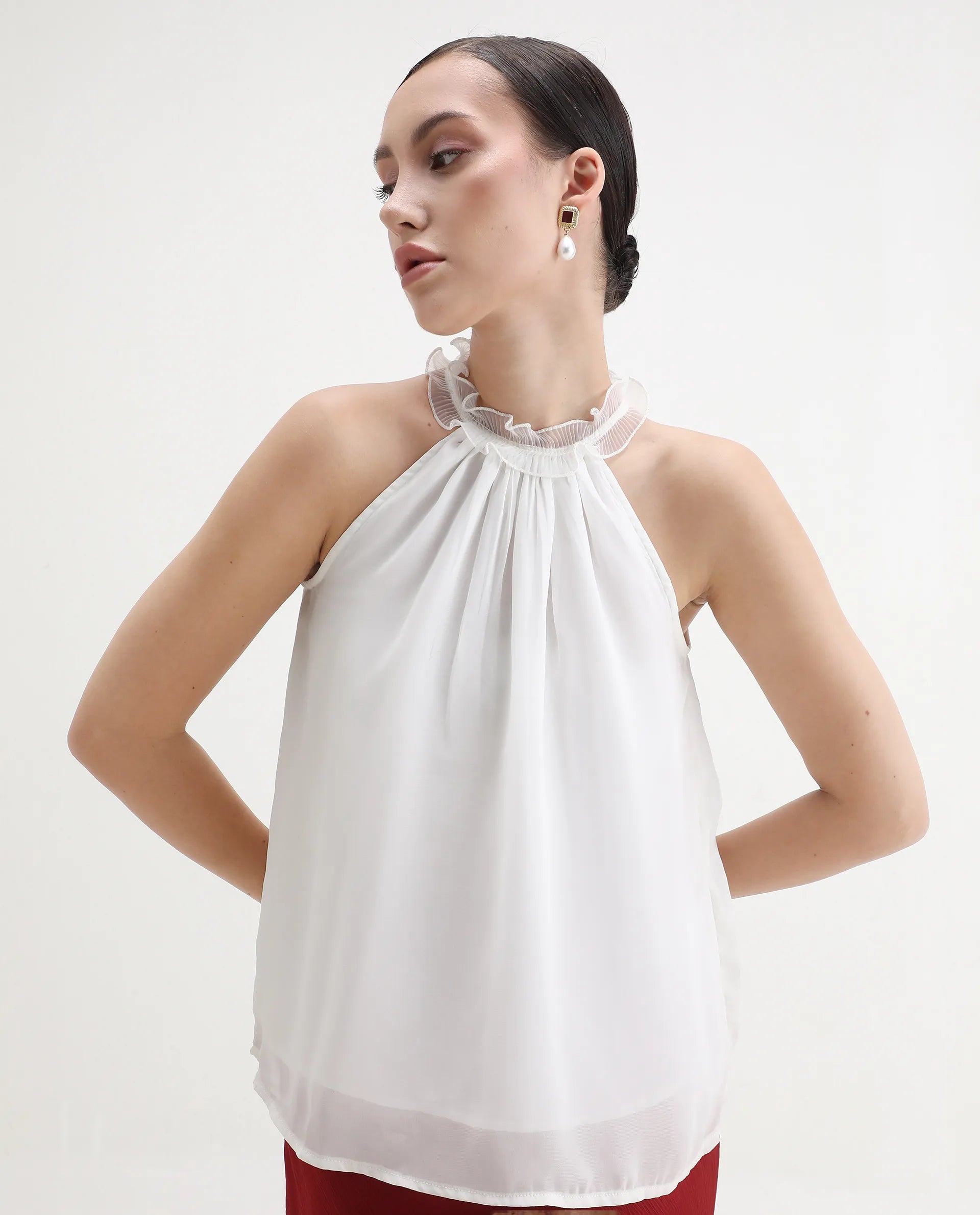 Rareism Women's Akane White Polyester Halter Neck Plain Sleeveless Regular Fit Top