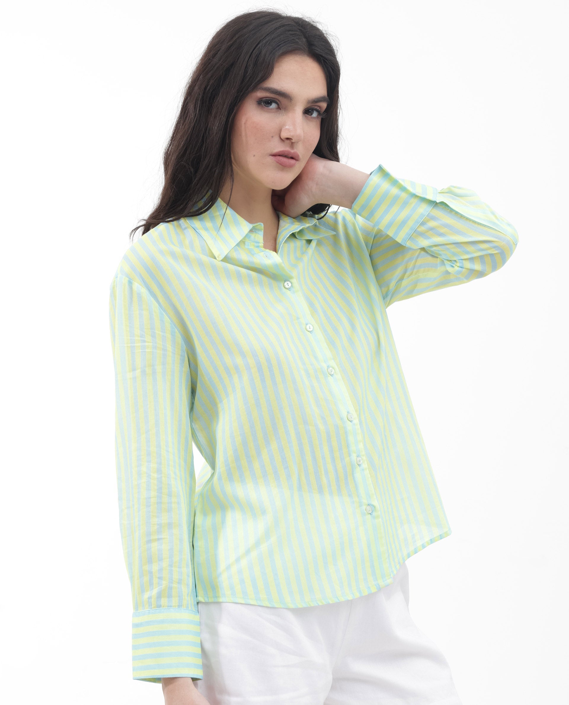 Rareism Women's Aksana Blue Cotton Drop Collar Striped Cuffed Sleeve Regular Fit Shirt