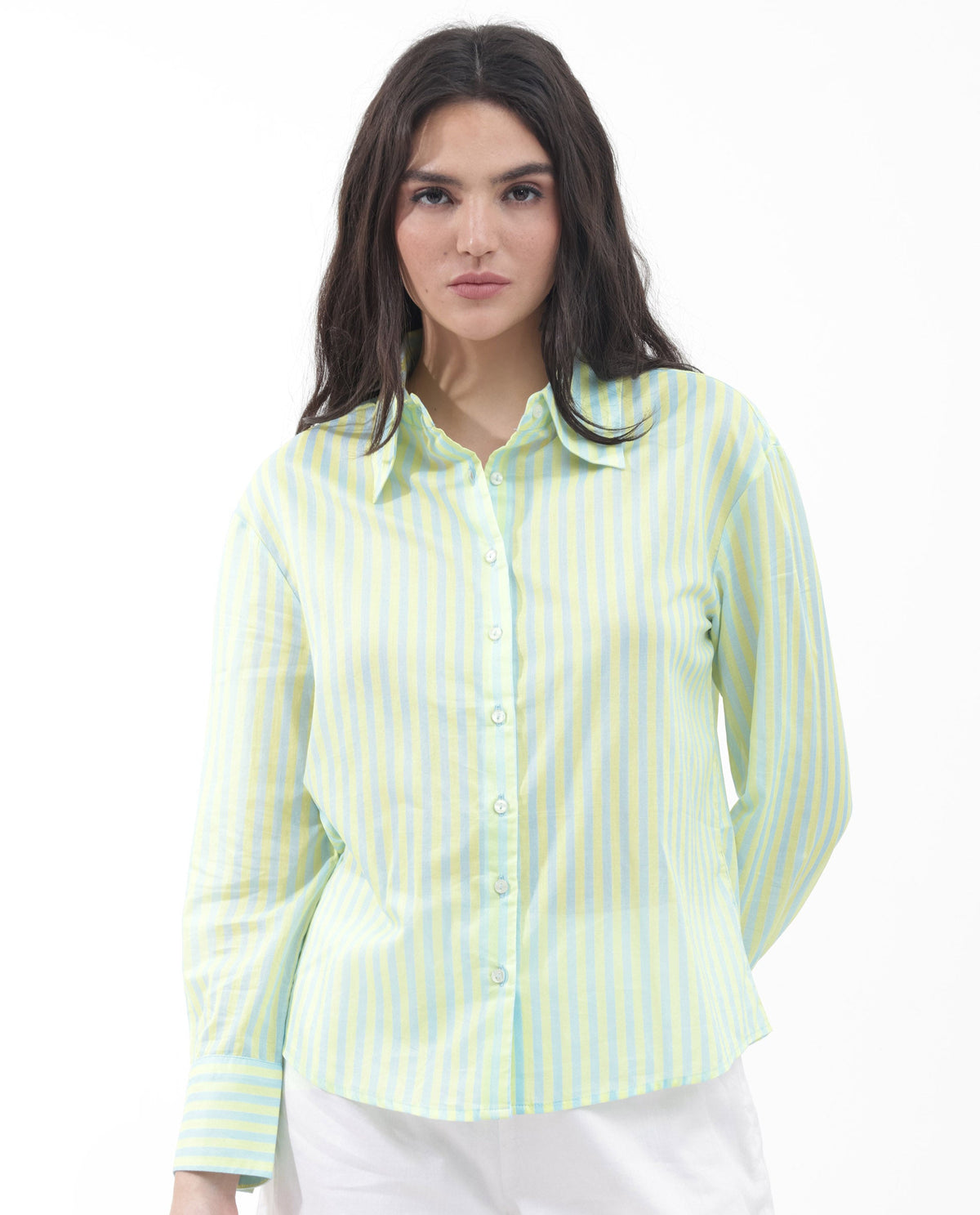 Rareism Women's Aksana Blue Cotton Drop Collar Striped Cuffed Sleeve Regular Fit Shirt