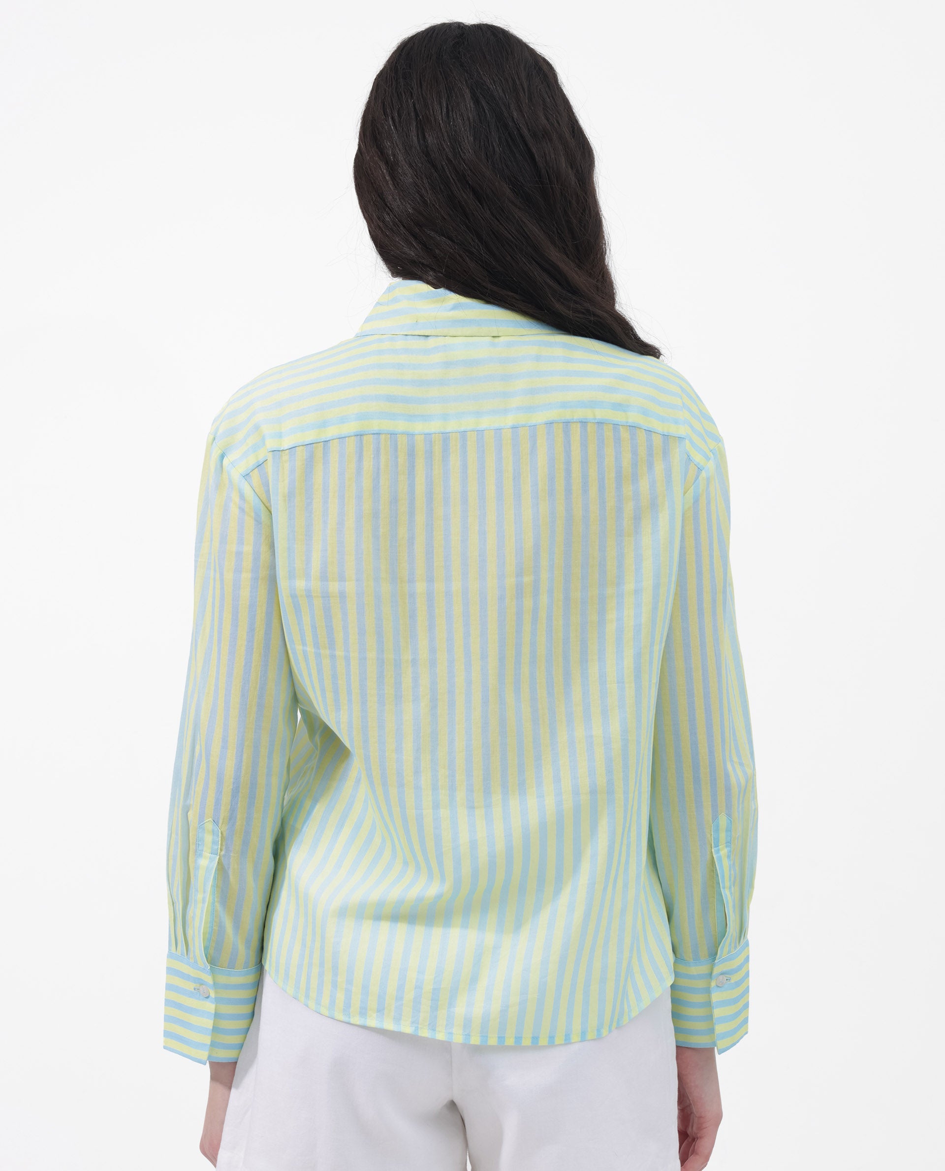 Rareism Women's Aksana Blue Cotton Drop Collar Striped Cuffed Sleeve Regular Fit Shirt