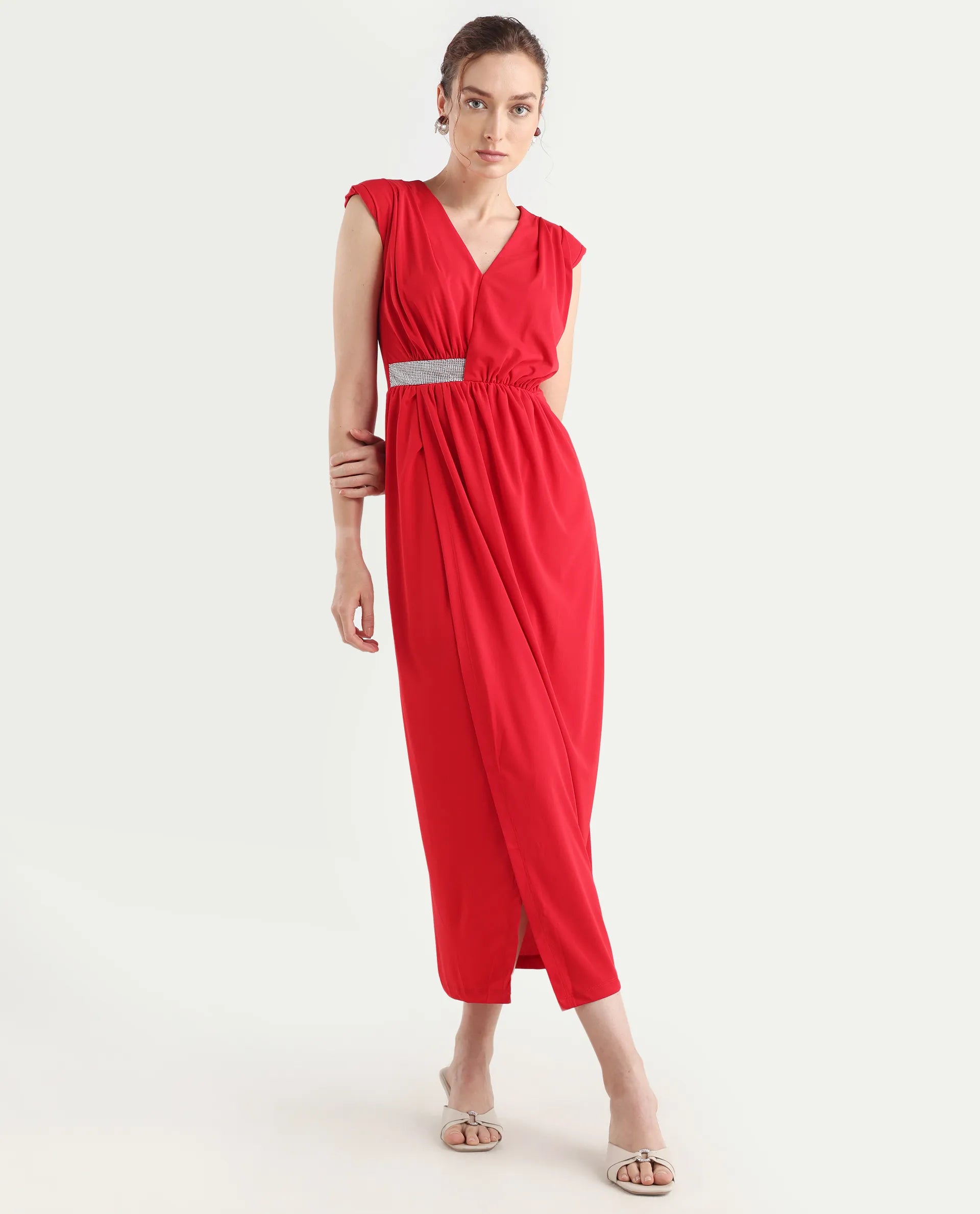 Rareism Women's Aksaray Maroon Polyester Wrap Neck Plain Sleeveless Maxi Fitted Dress