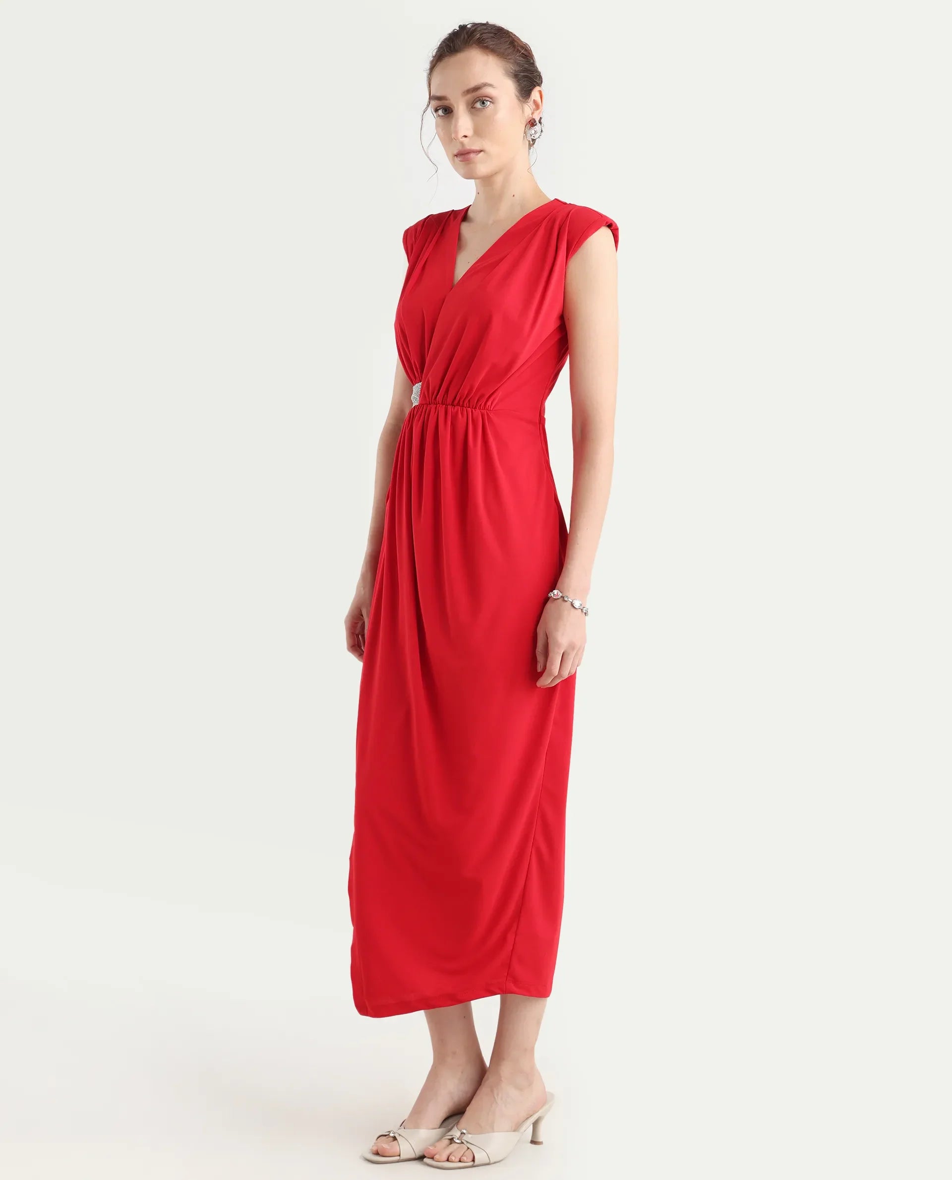 Rareism Women's Aksaray Maroon Polyester Wrap Neck Plain Sleeveless Maxi Fitted Dress