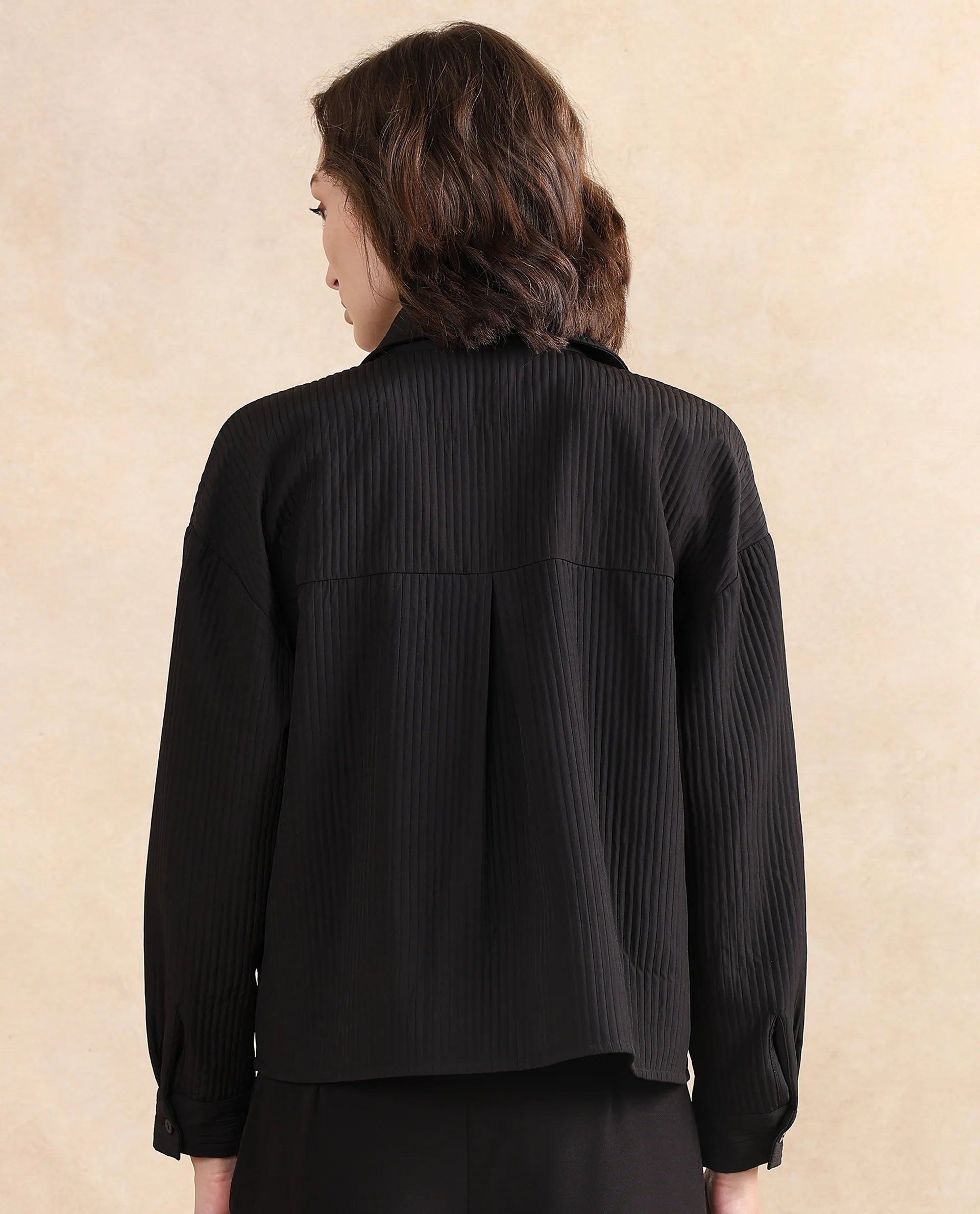 Rareism Women's Albury Black Polyester Drop Collar Plain Cuffed Sleeve Boxy Fit Jacket