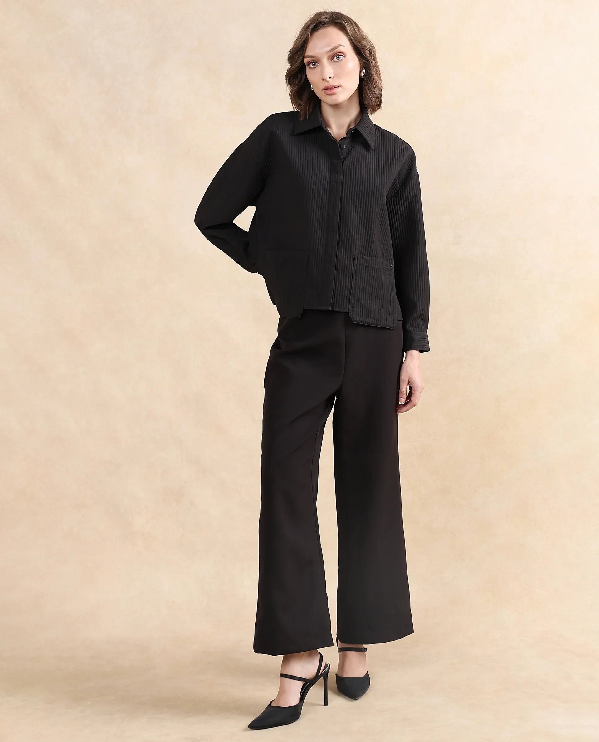 Rareism Women's Albury Black Polyester Drop Collar Plain Cuffed Sleeve Boxy Fit Jacket