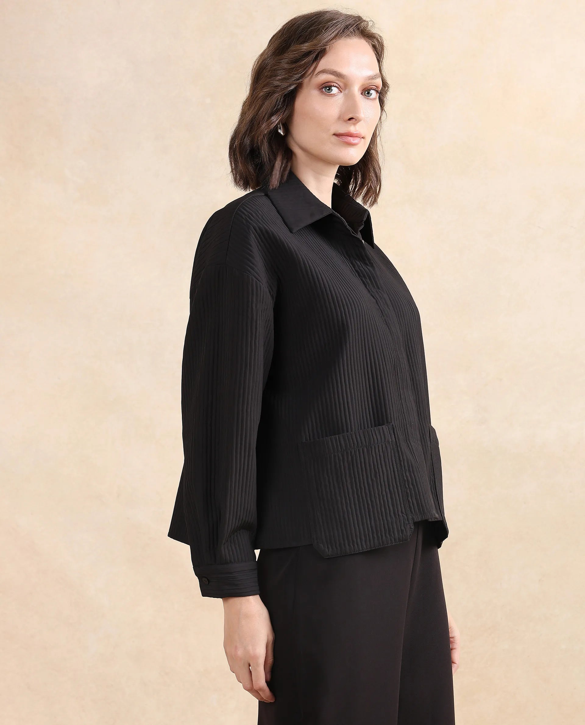 Rareism Women's Albury Black Polyester Drop Collar Plain Cuffed Sleeve Boxy Fit Jacket