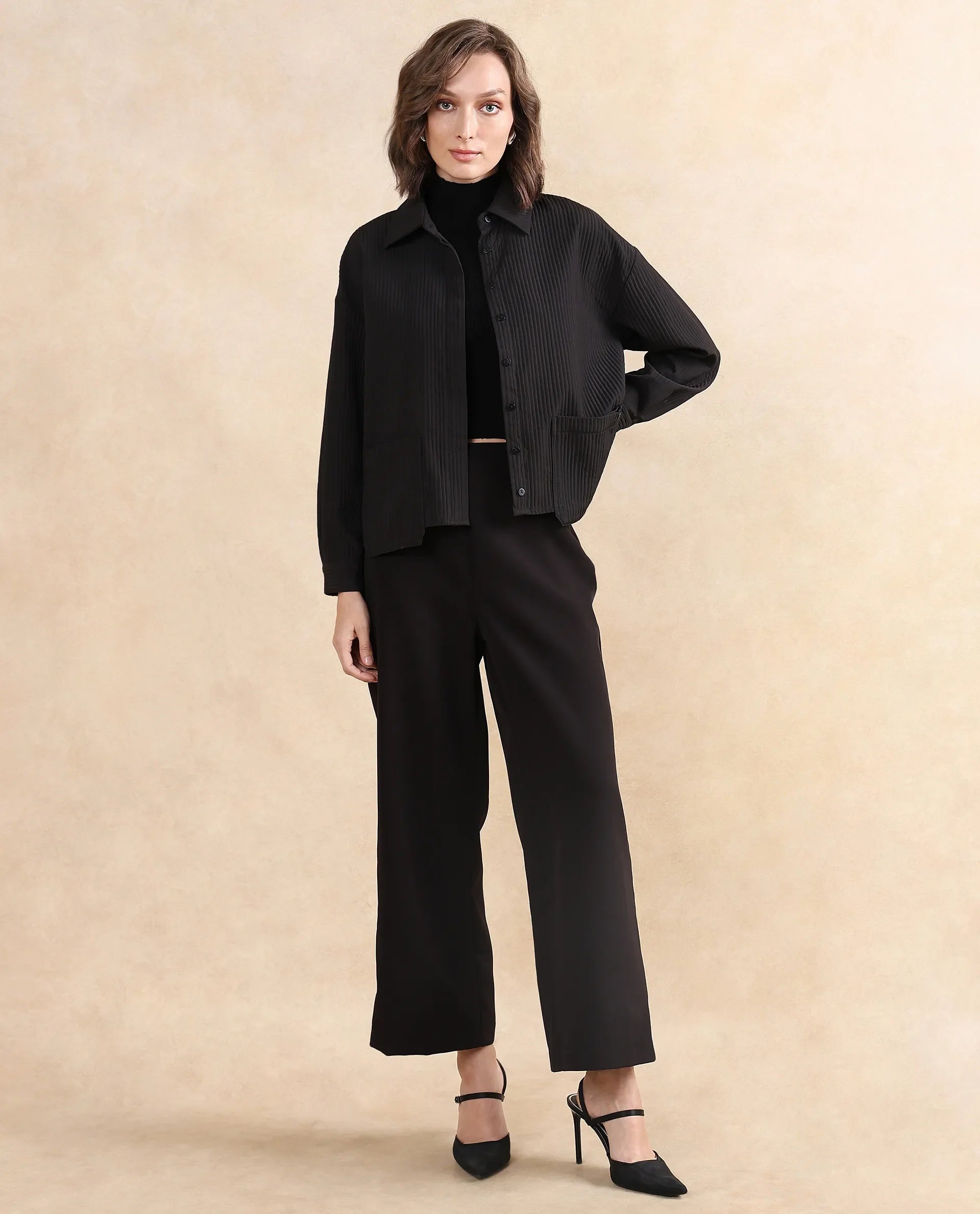 Rareism Women's Albury Black Polyester Drop Collar Plain Cuffed Sleeve Boxy Fit Jacket