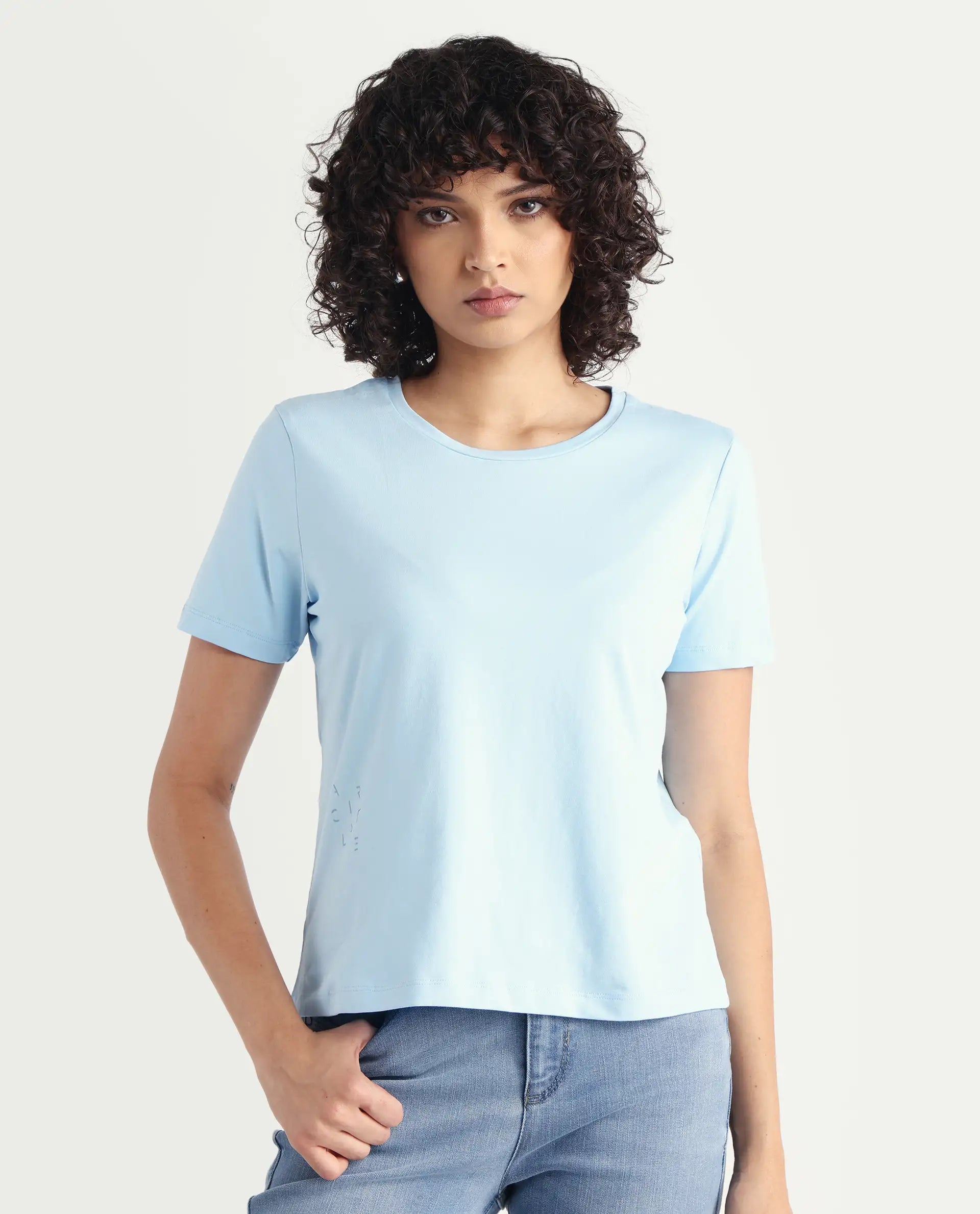 Rareism Women's Light Weight High Stretch 180 Gsm Cotton Crew Neck Plain Regular Fit T-Shirt