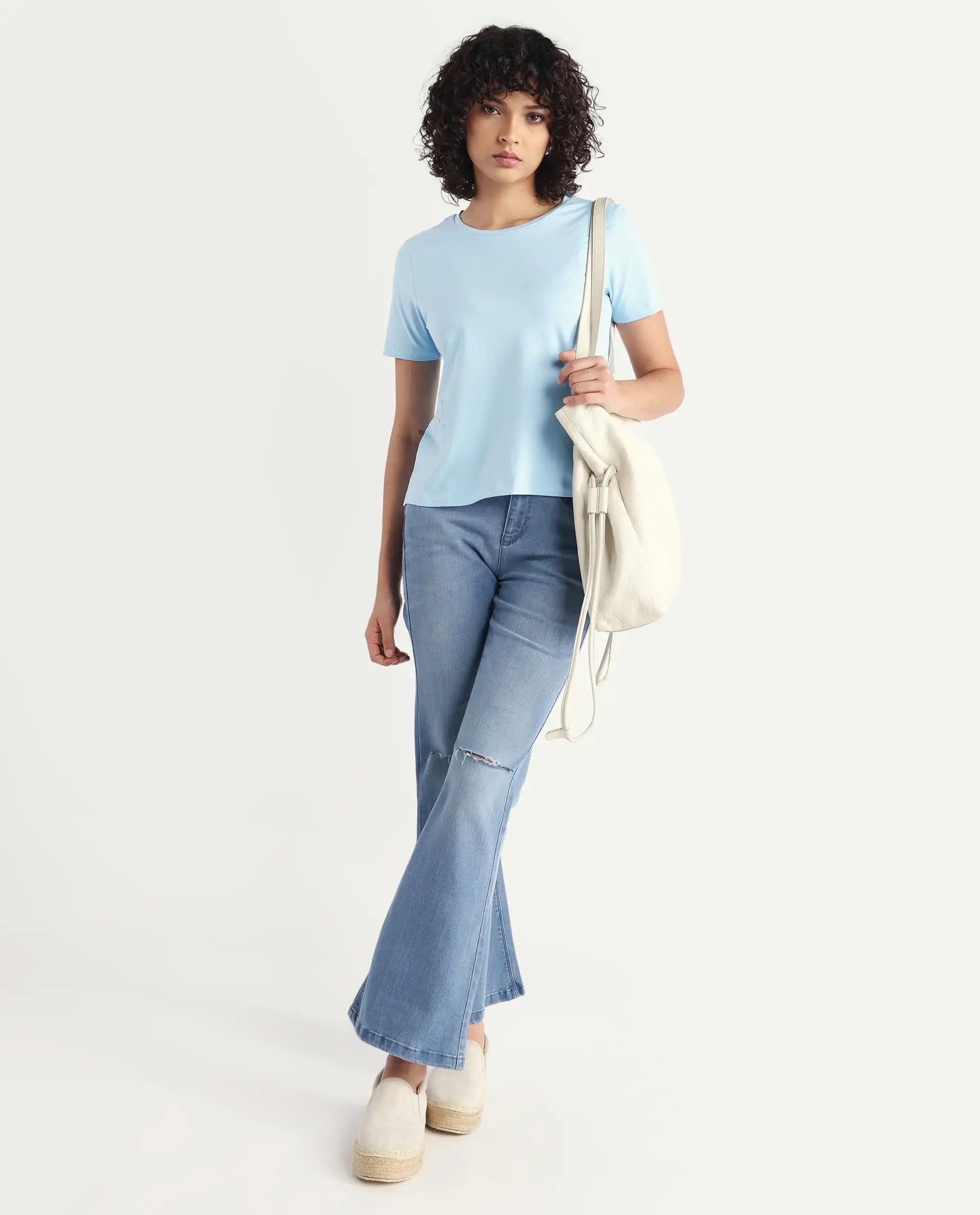 Rareism Women's Light Weight High Stretch 180 Gsm Cotton Crew Neck Plain Regular Fit T-Shirt