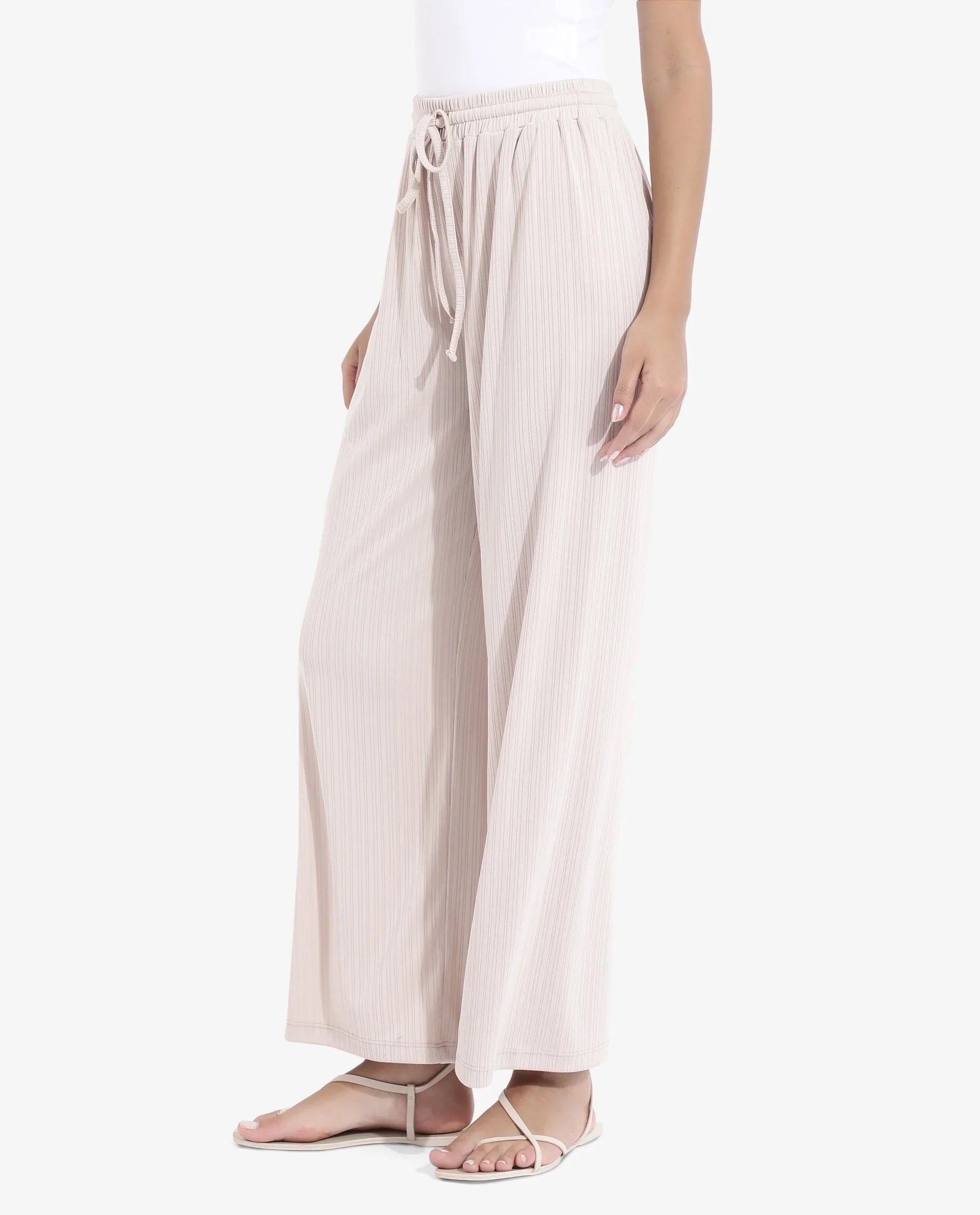 Rareism Women's Alcazar Beige Polyester Blend Plain Ankle Length Straight Fit Trouser