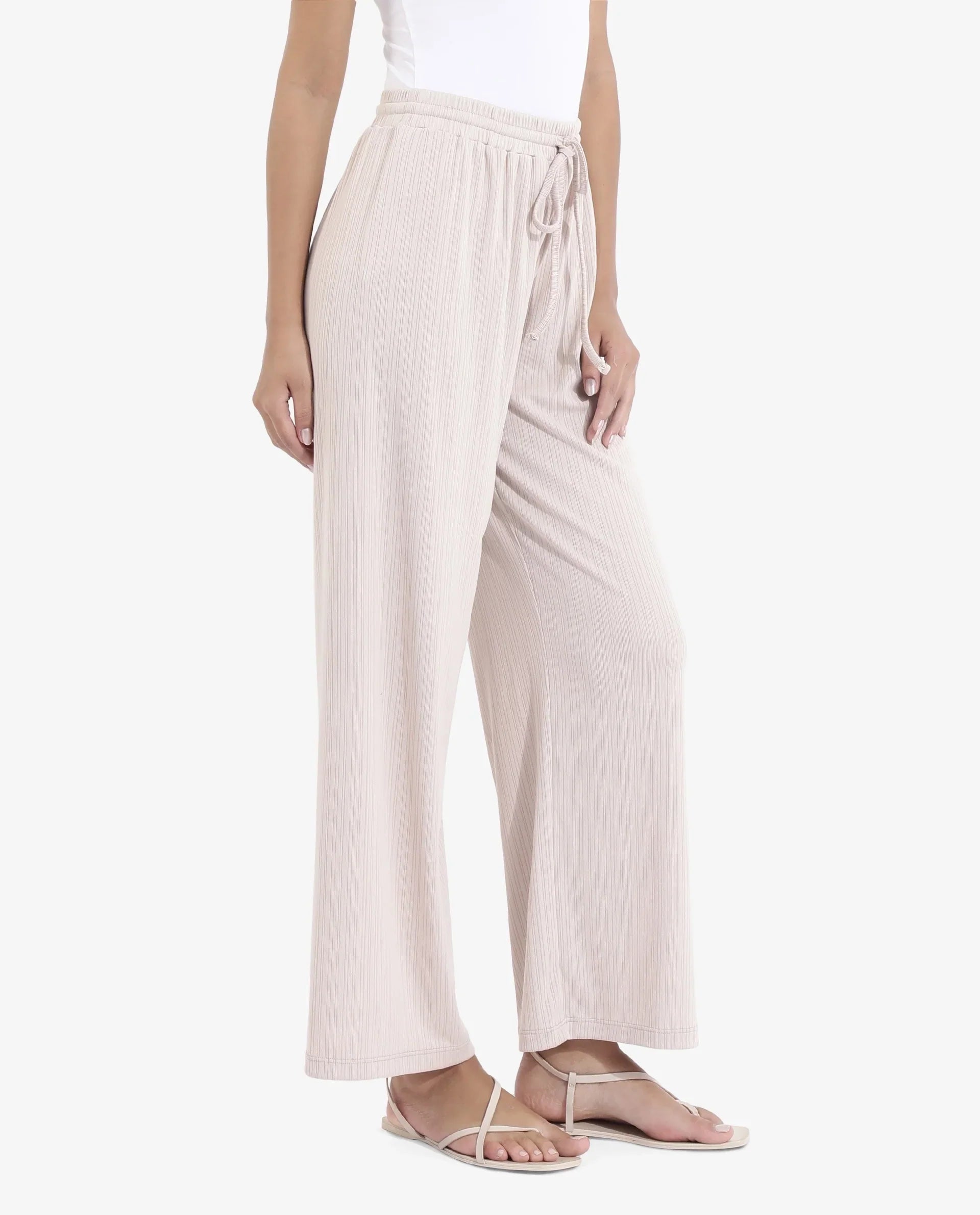 Rareism Women's Alcazar Beige Polyester Blend Plain Ankle Length Straight Fit Trouser