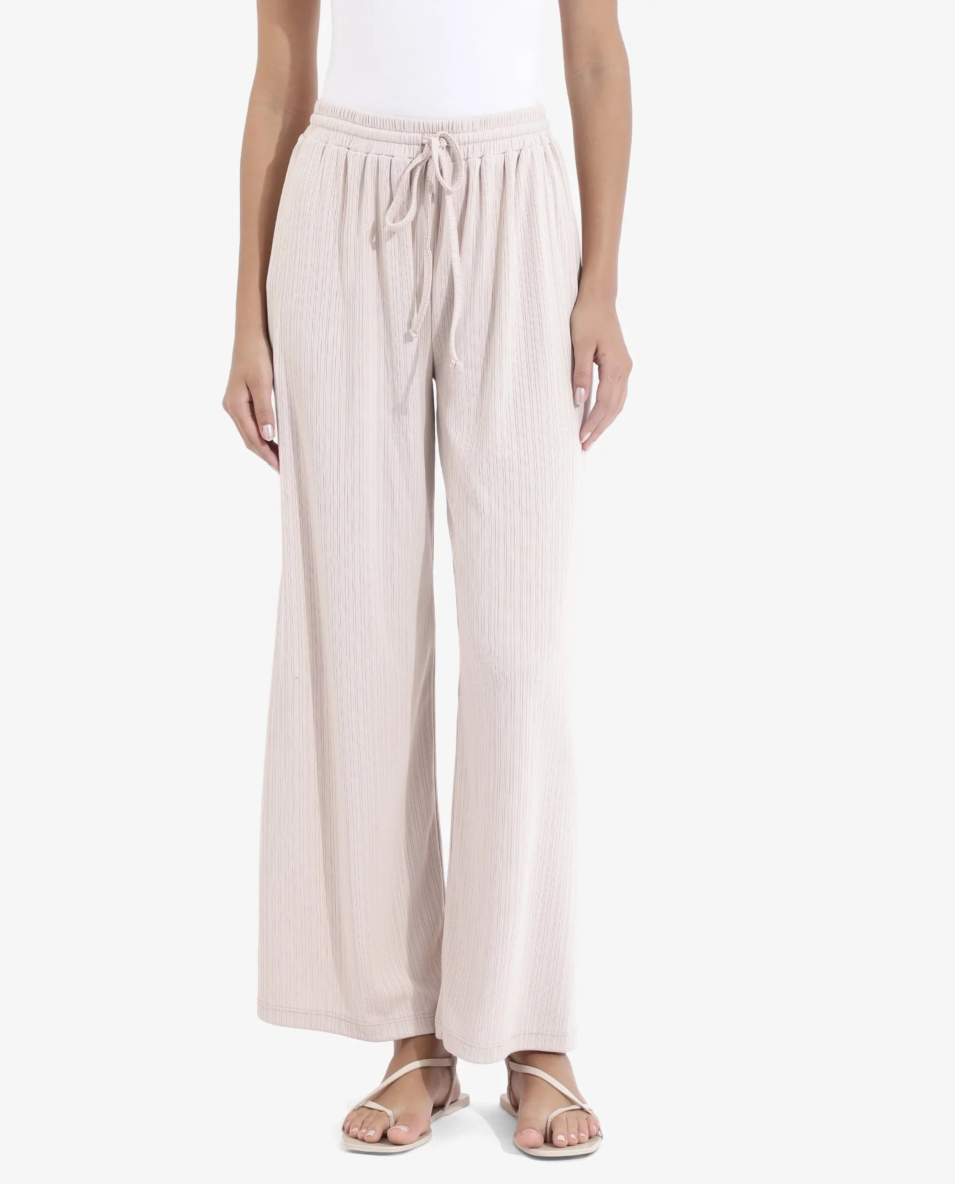 Rareism Women's Alcazar Beige Polyester Blend Plain Ankle Length Straight Fit Trouser