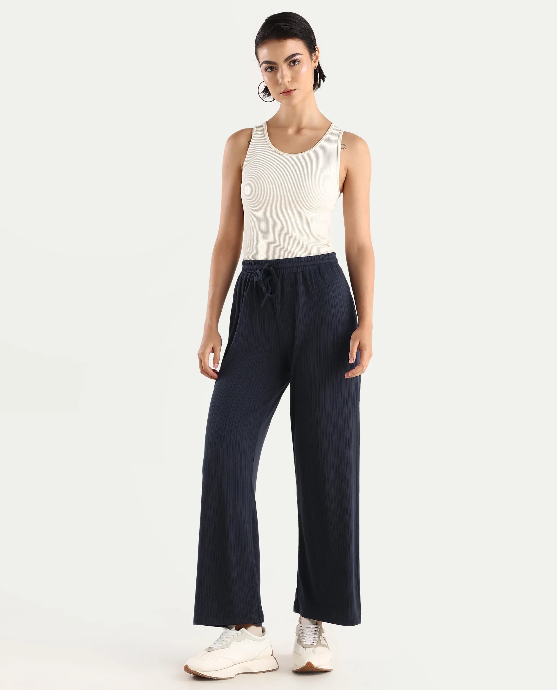 Rareism Women's Alcazar Dark Blue Polyester Blend Plain Ankle Length Straight Fit Trouser