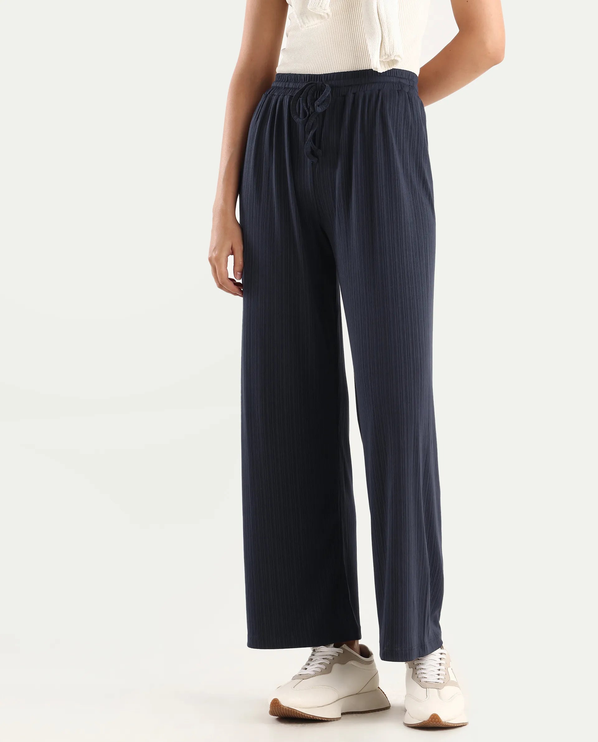 Rareism Women's Alcazar Dark Blue Polyester Blend Plain Ankle Length Straight Fit Trouser