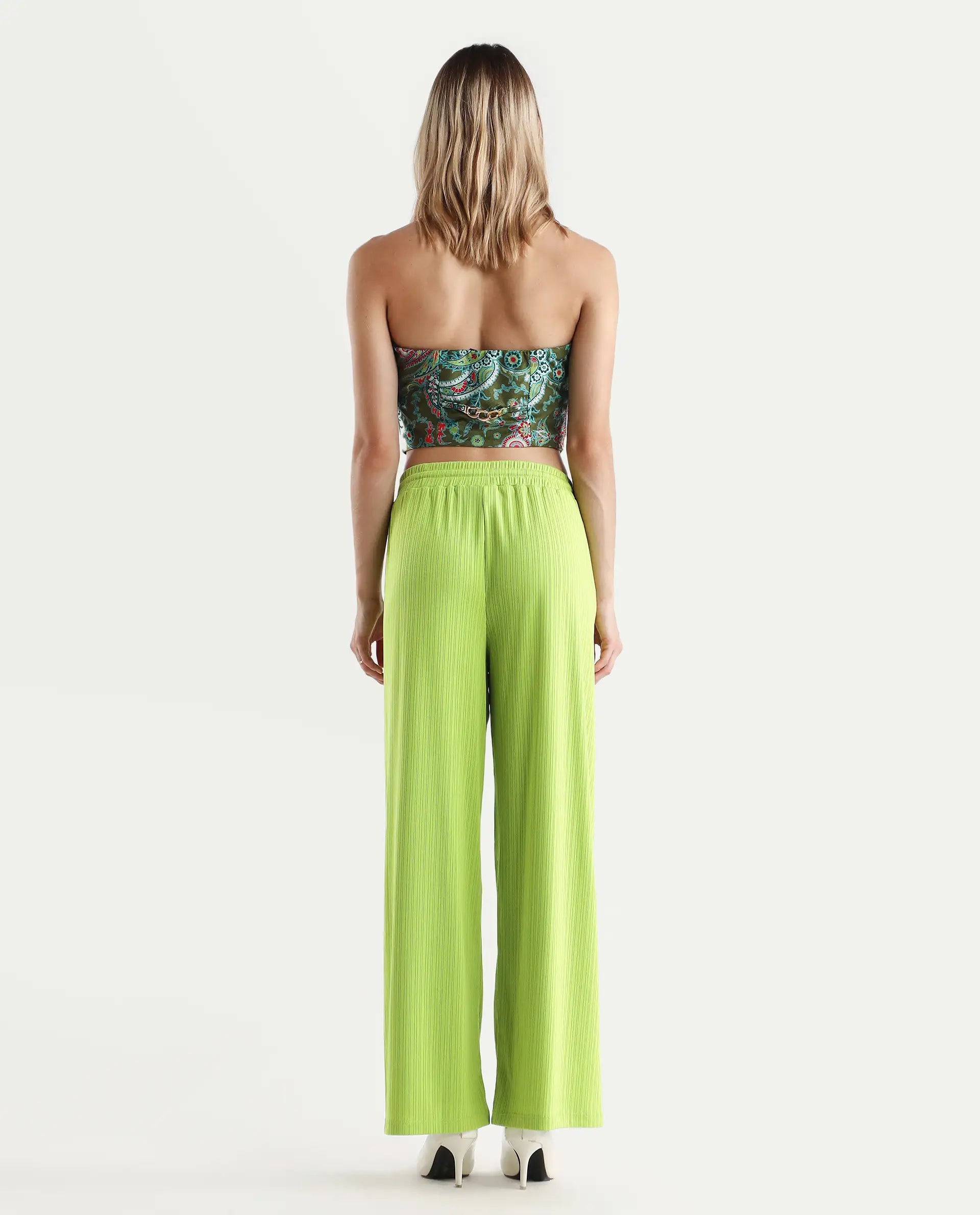 Rareism Women's Alcazar Flouroscent Green Polyester Blend Plain Ankle Length Straight Fit Trouser